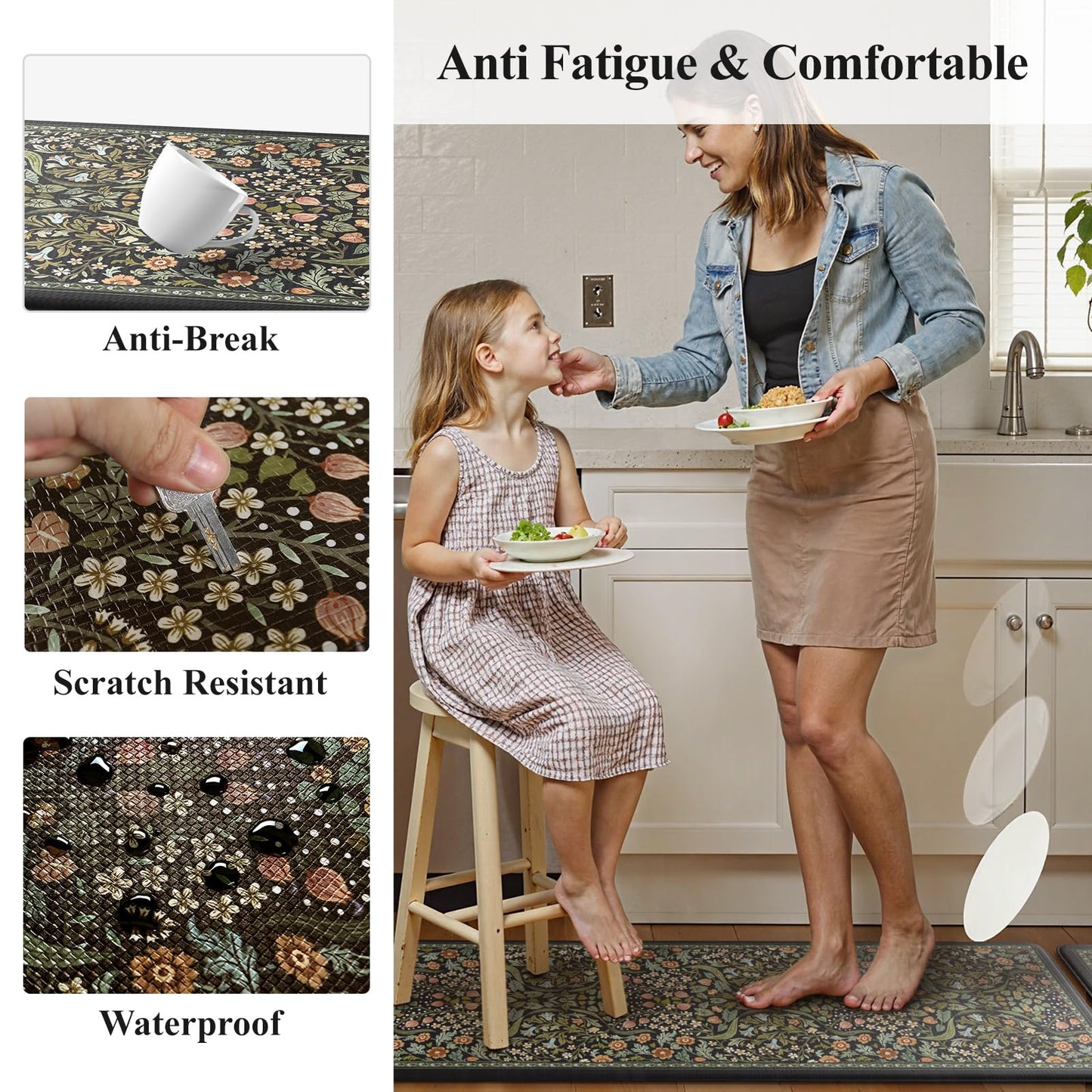 Collive Kitchen Floor Mat Cushioned Anti Fatigue, Boho Floral Desk Mats Non Skid Waterproof Kitchen Sink Rugs Sets of 2, Memory Foam Comfort Standing Carpet for Office, 20" x 47" + 20" x 32", Black