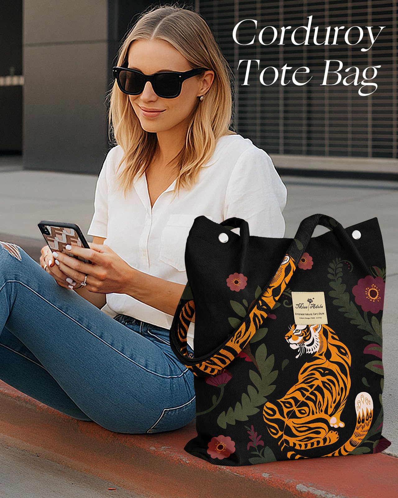 Miss Adola Cute Corduroy Tote Bag - Reusable Totes with Magnetic Buckle & Pocket Aesthetic Design Corduroy Women's Handbags for Work Travel Shopping Grocery Bags, Tiger Flower