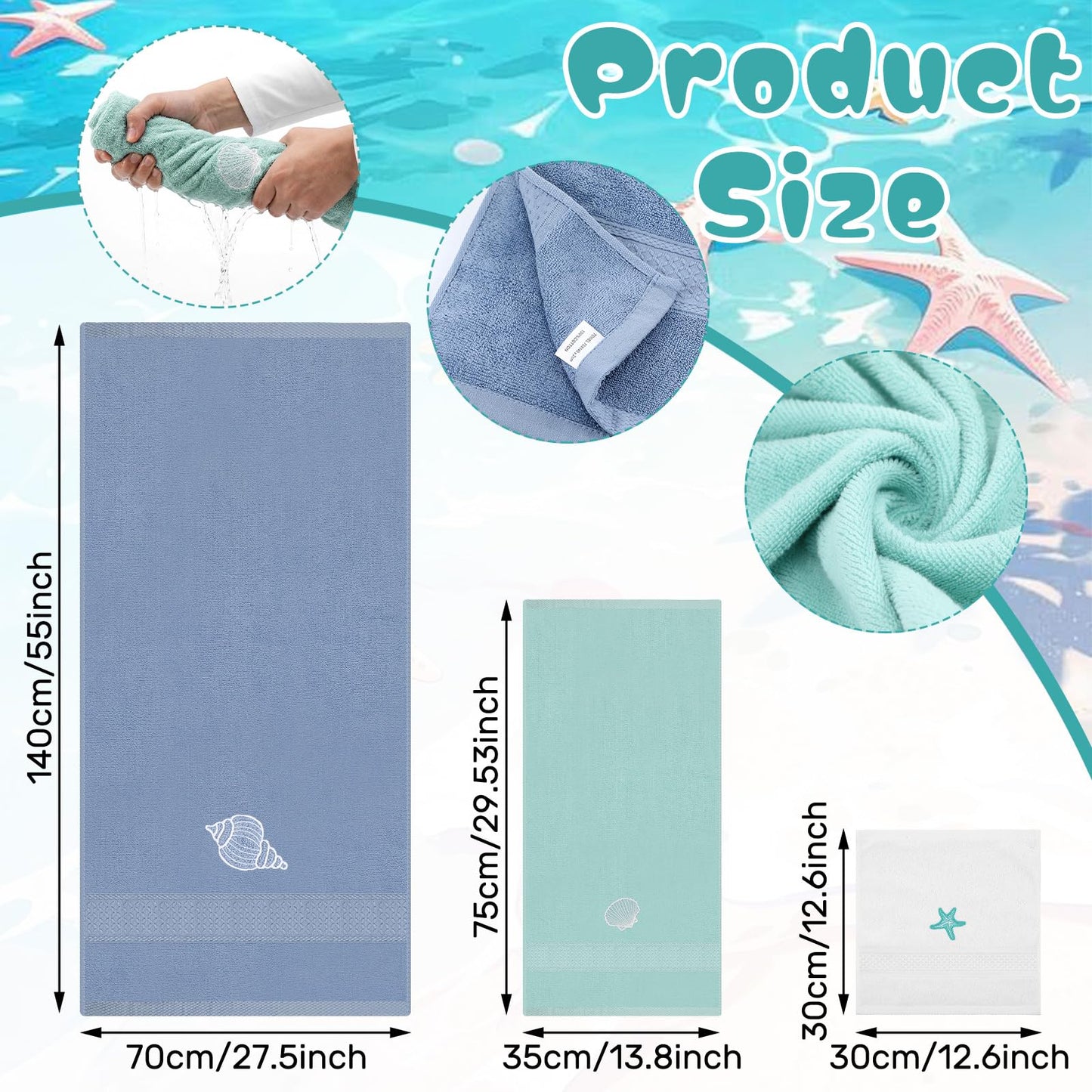 Lumina Garden 6 Pcs Coastal Ocean Beach Hand Towel Set 2 Bath Towels, 2 Hand Towels, 2 Washcloths with Conch Shell Starfish Design Decorative Summer Embroidered Towel for Bathroom Shower Kitchen
