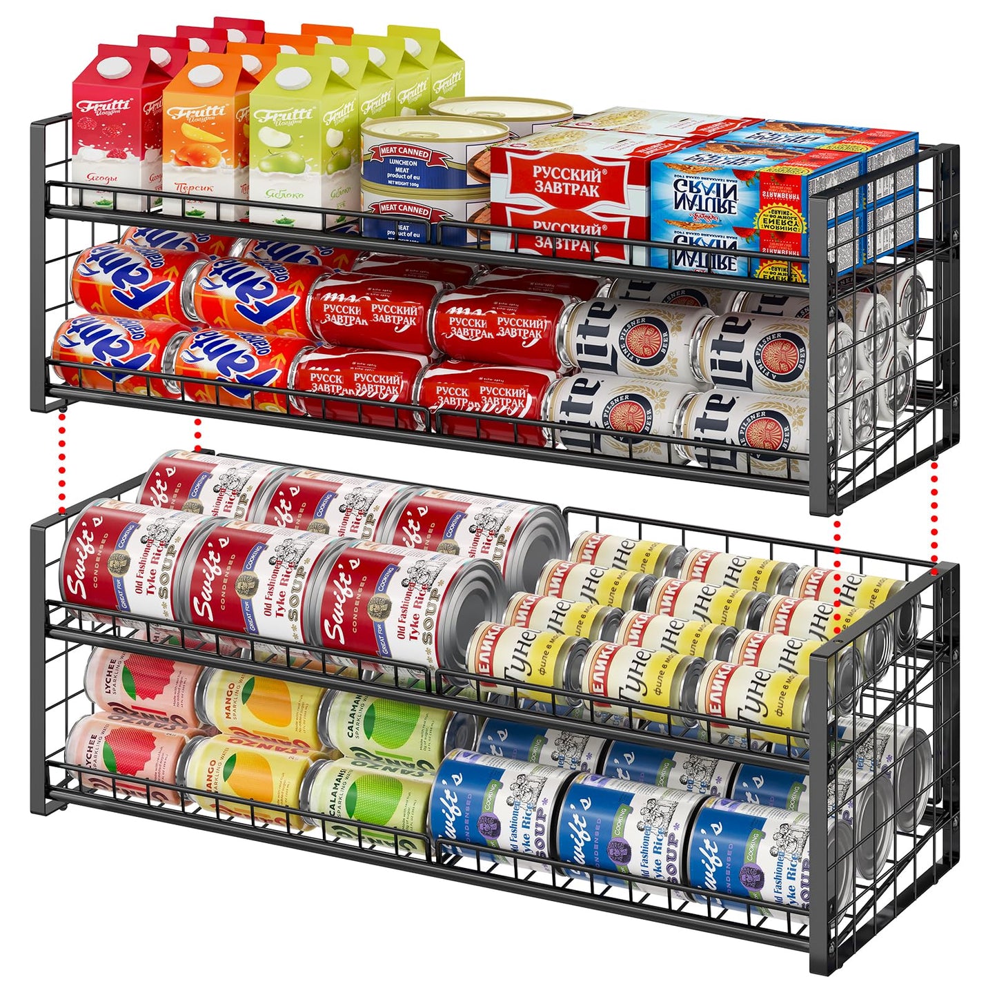 2-Pack Stackable Can Organizer for Pantry Shelf, Adjustable Extra-Long Rolling Can Rack for Kitchen Cupboard Storage, Sturdy Standing Can Holder for Canned Food Goods Soda up to 128, 2 Tier, Black