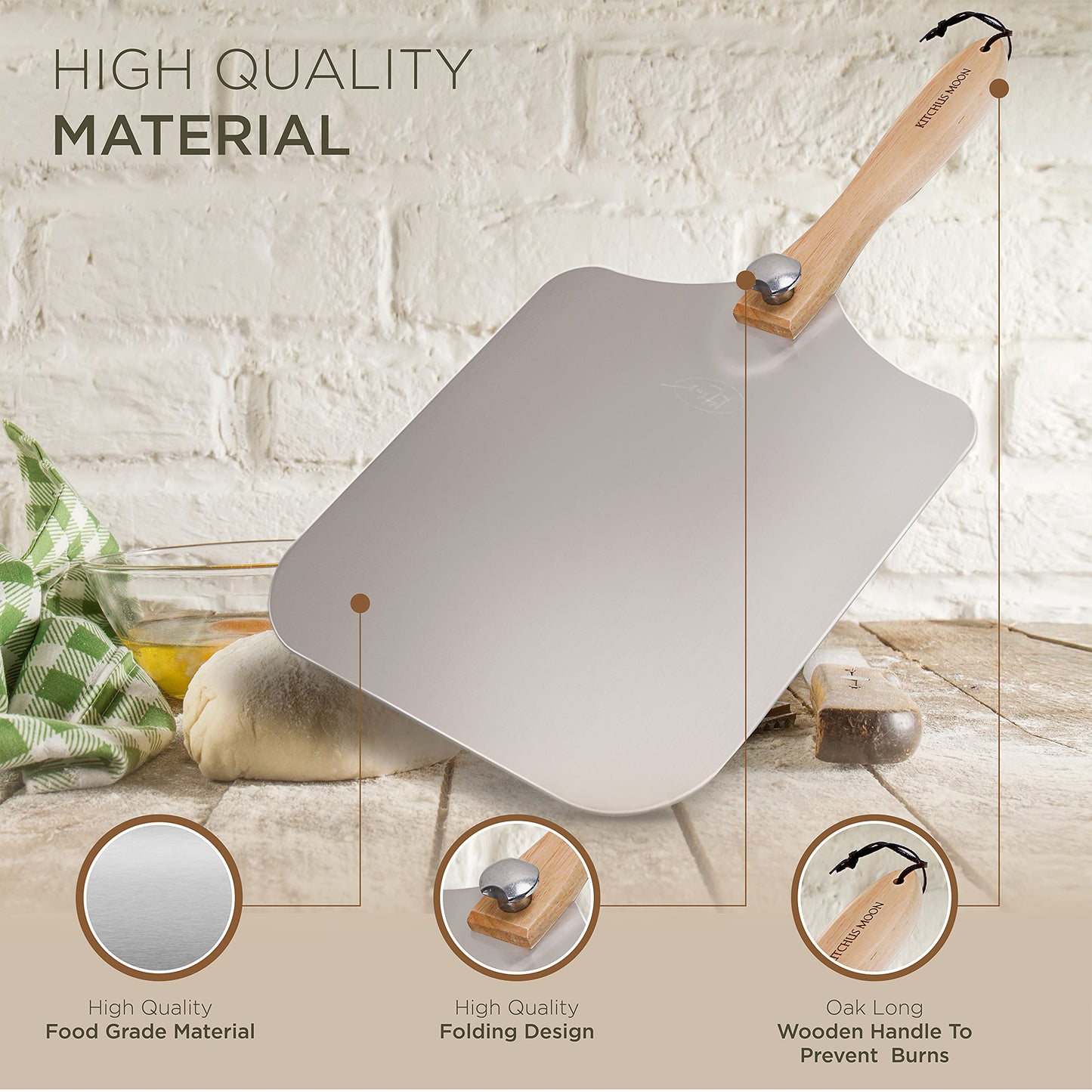 KITCHUS MOON Large Pizza Peel 16 inch - Extra Large Metal Pizza Peel with 14 inch Stainless Steel Pizza Cutter Rocker, Pizza Paddle with Folding Handle (13"x16" with 14" Cutter)