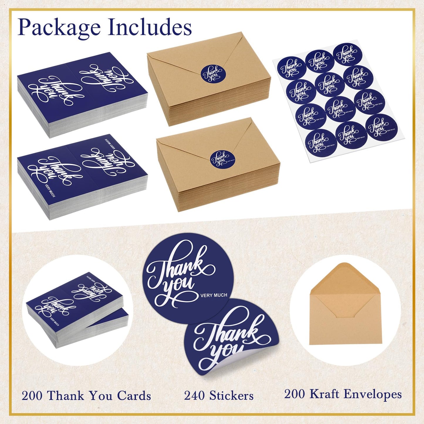 Fulmoon 200 Pack Navy Blue Thank You Cards with Kraft Envelopes Bulk and Stickers 4x6 Blank Thank You Notes for Wedding Small Business Baby Shower Bridal Shower Graduation Funeral(Navy Blue)