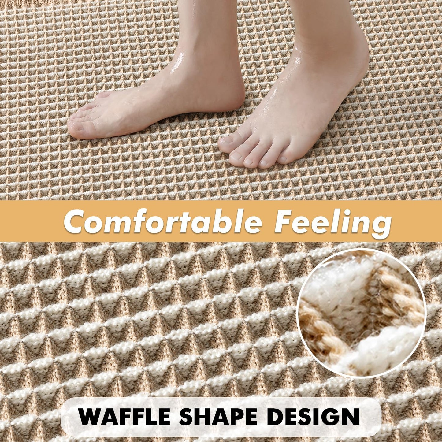 MIULEE Set of 2 Waffle Bathroom Rugs, Boho Bath Rugs Non Slip Washable, Super Absorbent Bath Mats, Ultra Soft Rubber Backed Shower Mats for Bathroom Floor, Tub, Brown & White, 18x30 Inch