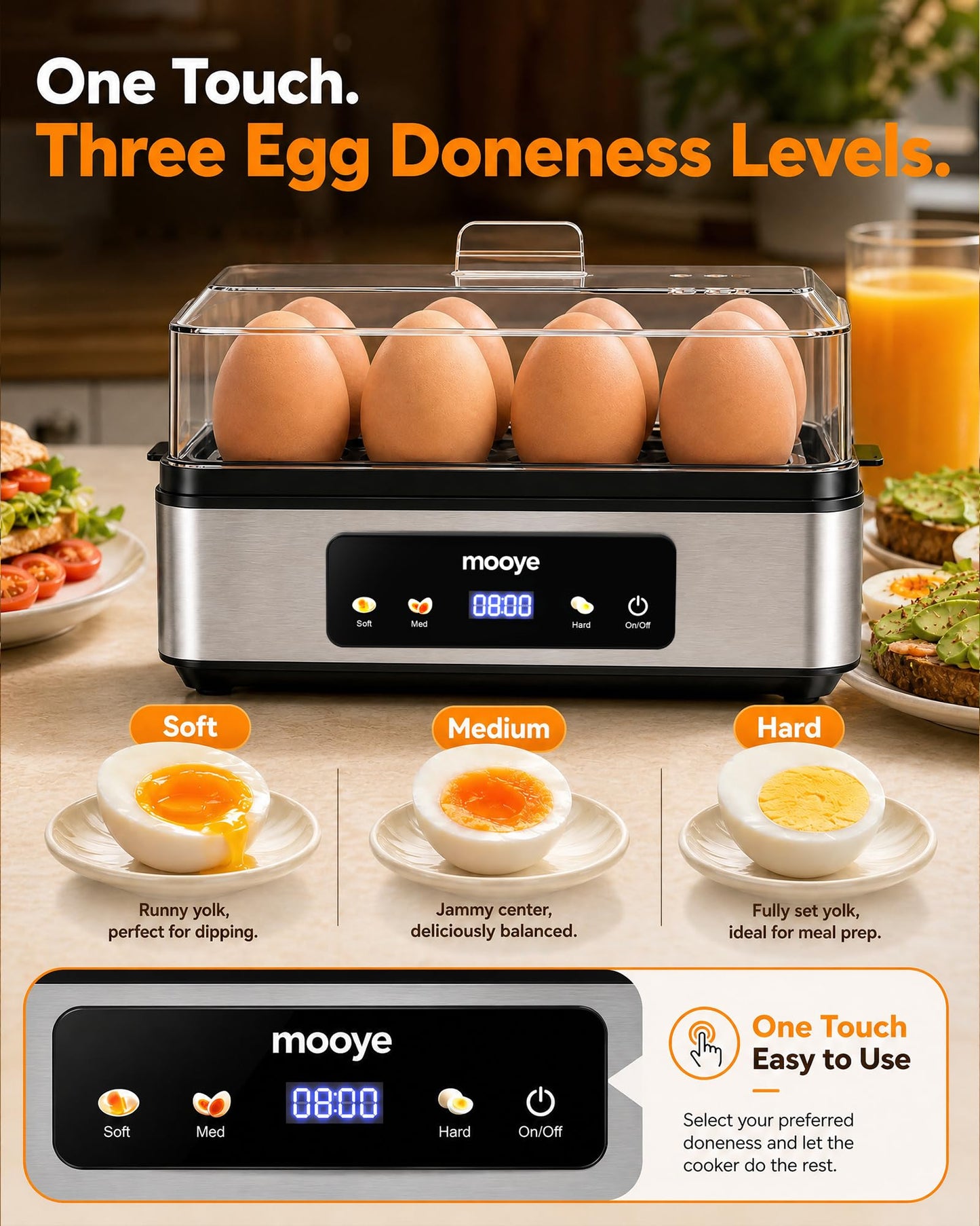 Mooye Rapid Egg Cooker for Hard Boiled Eggs, Electric Egg Steamer 3 IN 1 Soft Medium Hard Boiled, Egg Maker with Auto Shut-Off, Egg Boiler for Kitchen Breakfast & Fitness, BPA-Free, Holds 8 Eggs