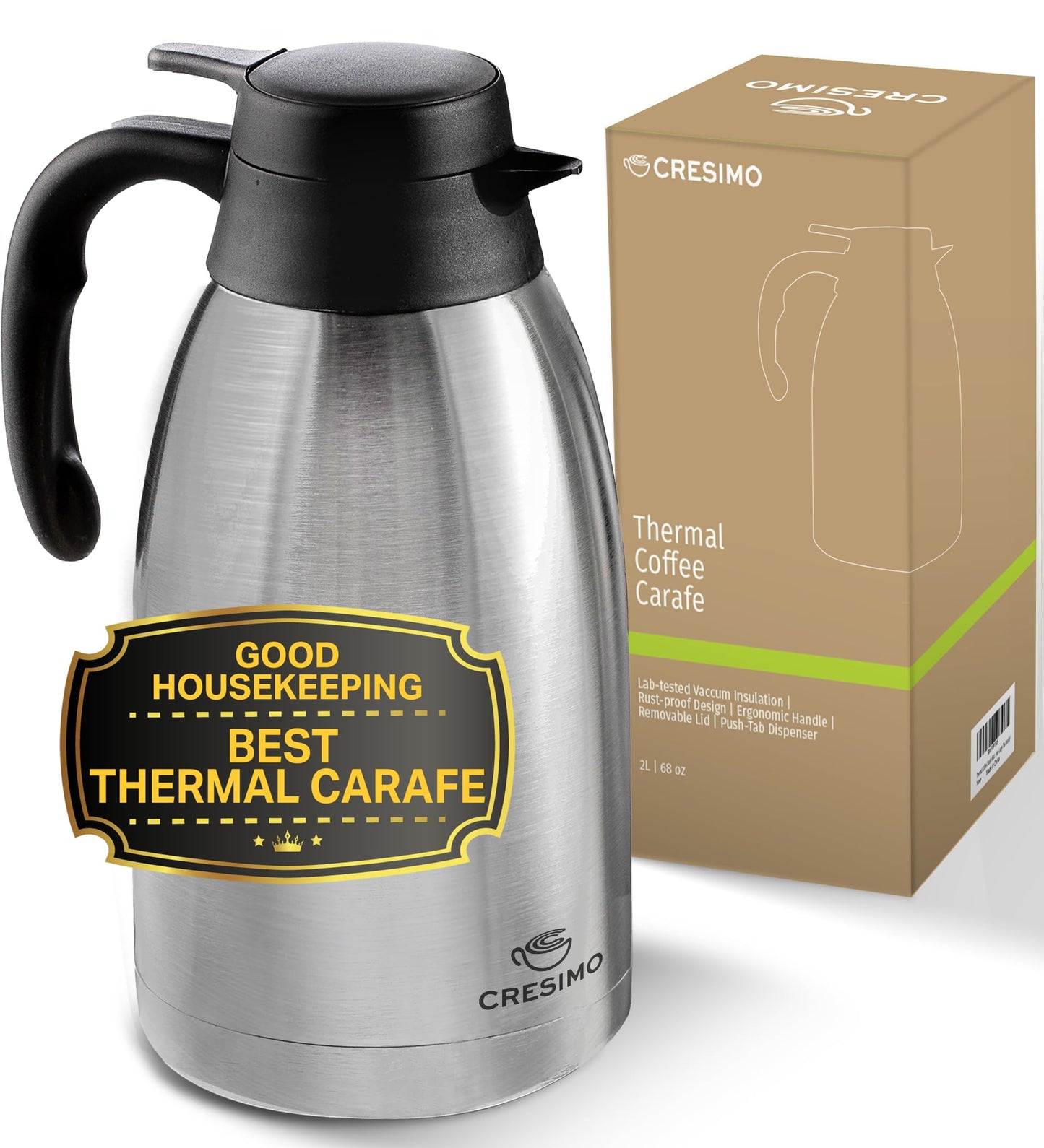 Cresimo Thermal Coffee Carafe 68oz / 2L - 12 Hours Hot Beverage Dispenser, Insulated Stainless Steel Carafe for Liquids, Coffee Carafes For Keeping Hot Water Dispenser for Parties - Large Tea Flask