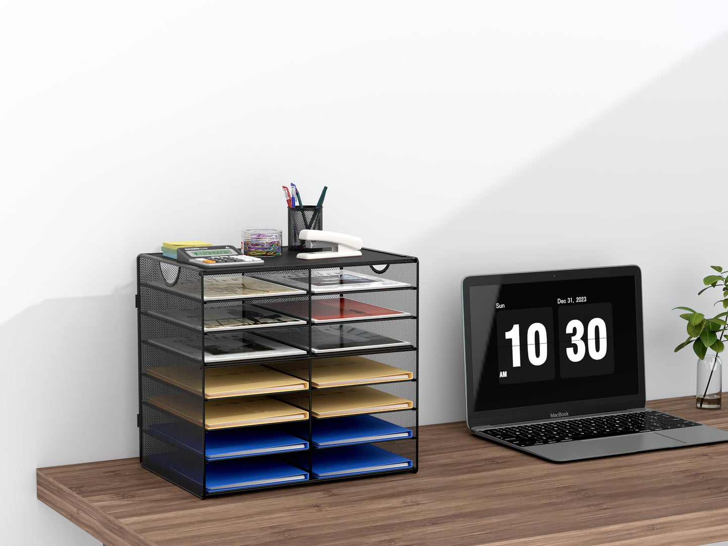 EasyPAG Paper Trays for Classroom 14 Tier Mesh Desk Organizer Shelves with Handle A4/Letter Size File Folder Organizer Shelf for Office, School, Home, Black