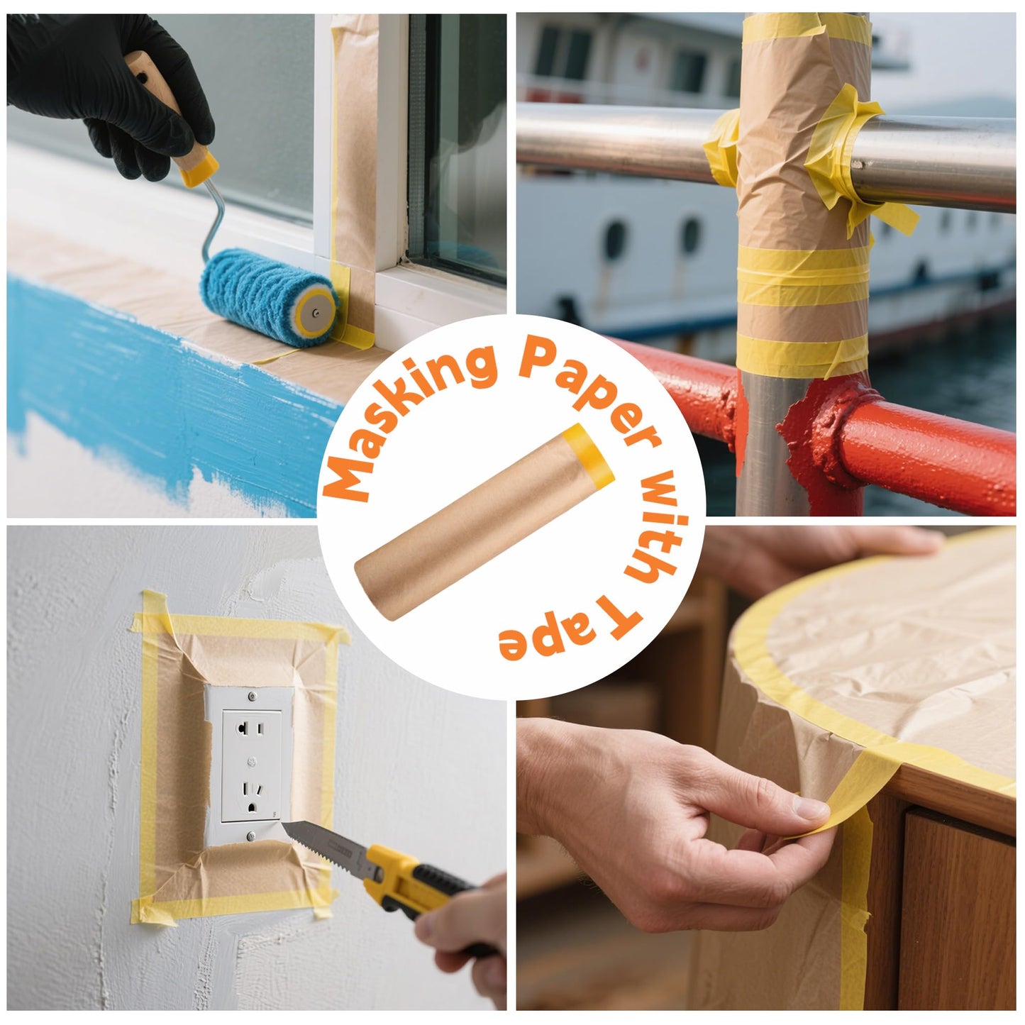 sanian Painter's Pre-Taped Masking Paper and Masking Tape in one Kraft Paper Roll 8 Pack 12" x 65 Feet(Each roll) Total 520 feet Paper is PRE-Folded
