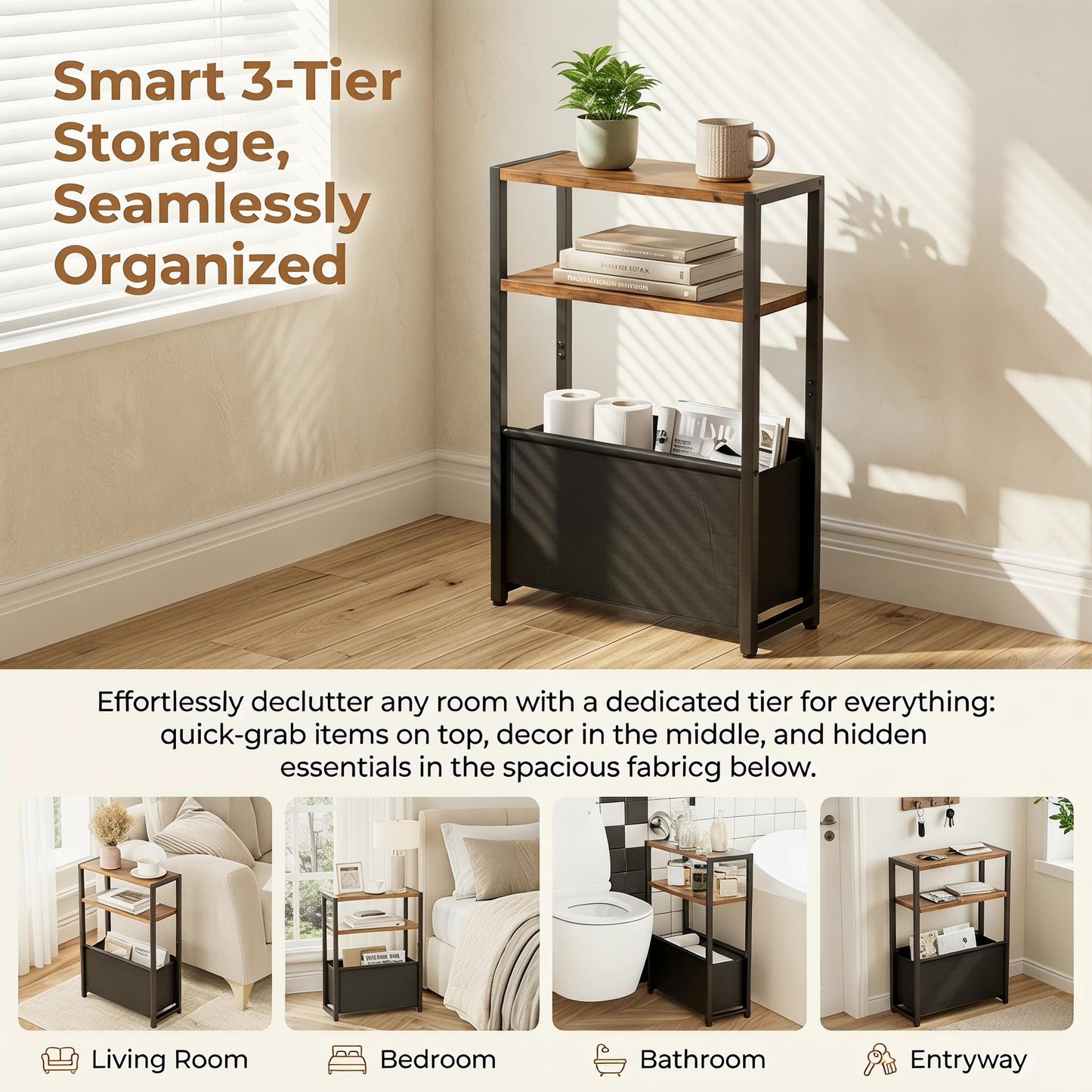 Leomonio Narrow Side Table, Slim End Tables with Fabric Basket, Skinny Table for Small Spaces, Thin Bedside Table for Living Room, Bedroom
