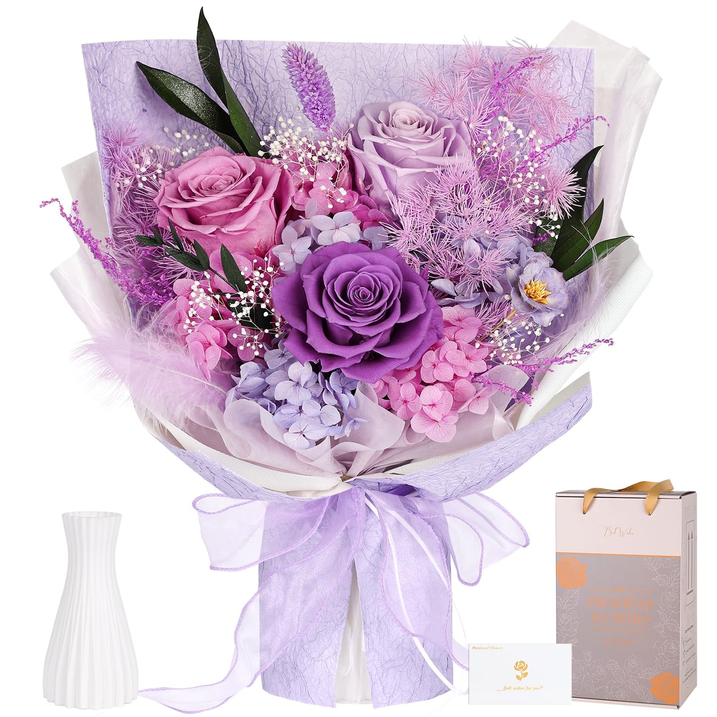Preserved Bouquet of Flowers - 3 Roses & Flowers for Delivery, Long-Lasting Real Lavender Forever Flowers, Mothers Day Gifts for Mom Grandma Wife, Anniversary Birthday Gifts for Women