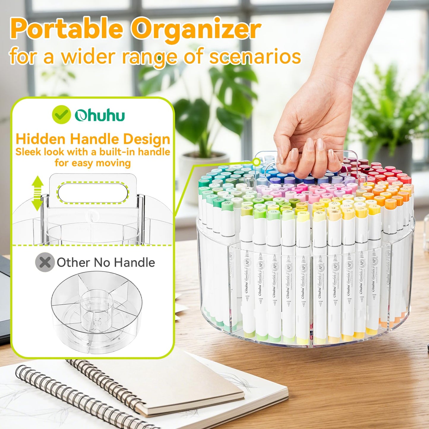 Ohuhu Acrylic Marker Organizer for Alcohol Markers, 360° Rotating Clear Acrylic Holder with Hidden Handle, 10 Compartments for Markers, Pens & Pencils, Home Classroom Office Desk Organizer