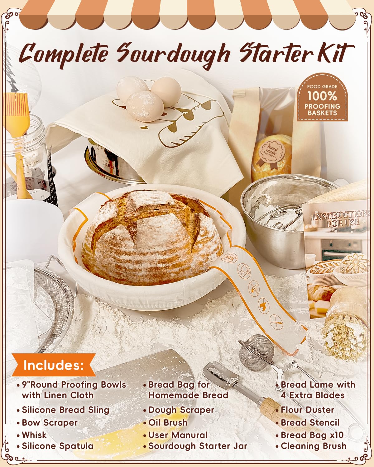 RYMTOX Complete Sourdough Starter Kit with Manual | Easy to Clean for Beginners | Sourdough Bread Baking Supplies with Round Bread Proofing Basket, Bread Sling, Starter Jar, Dough Whisk, Scrapers, Bag