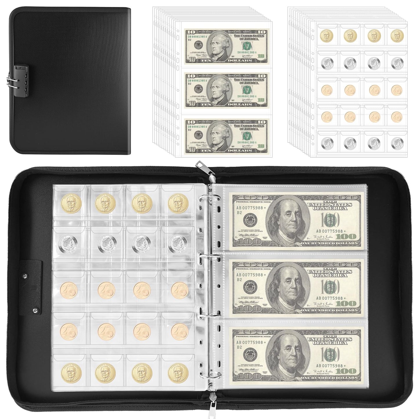 Coin Collection Book with Lock, 400 Pockets Fireproof Coin Collection Book & 36 Paper Money Organizer Binder for Coin Currency Collection Supplies,Pennies,Bill,Tokens,Badges