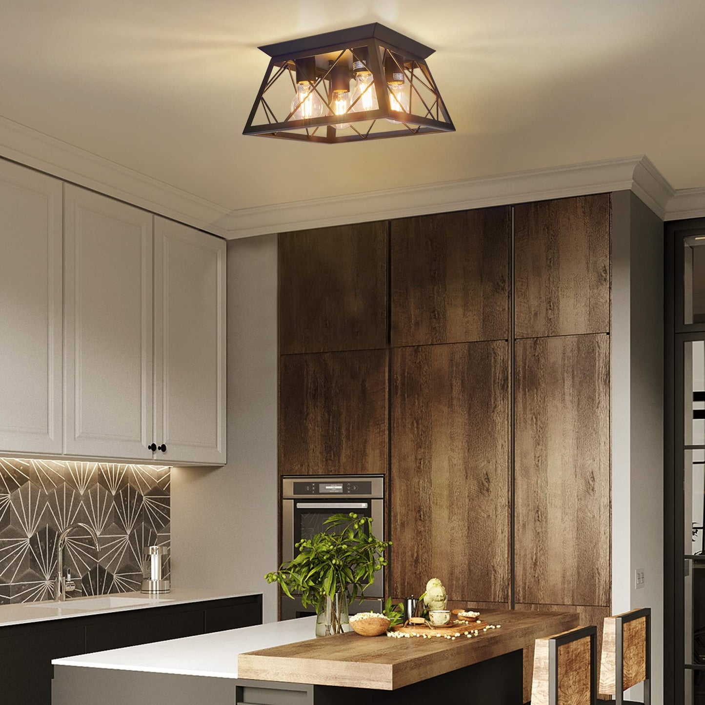 FadimiKoo 4-Light Black Flush Mount Ceiling Light for Kitchen Hallway, Industrial Close to Ceiling Lighting, Farmhouse Square Cage Lamp for Dining Room, Living Room, Bulb Not Included