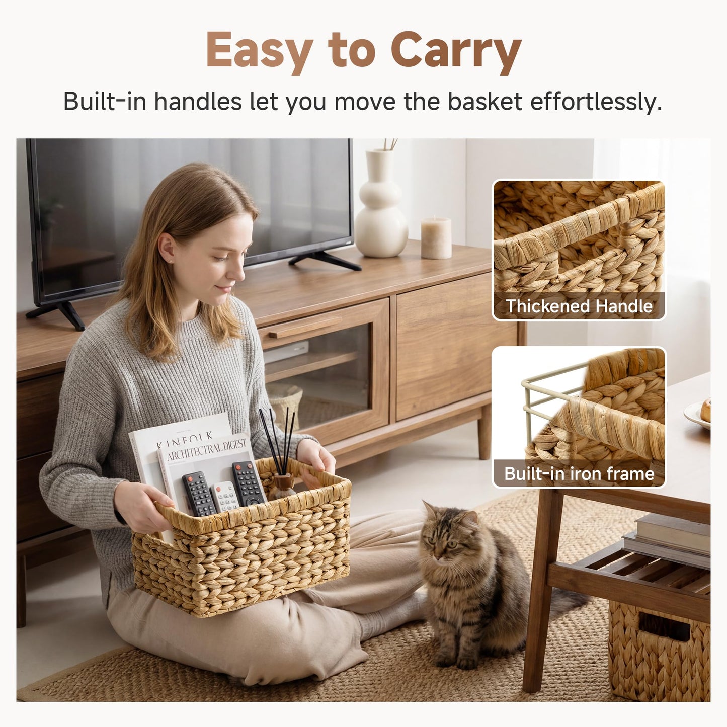 StorageWorks Wicker Basket, Baskets for Organizing, Storage Basket with Built-in Handles, Water Hyacinth Shelves (Medium 2-Pack, Natural Hyacinth)
