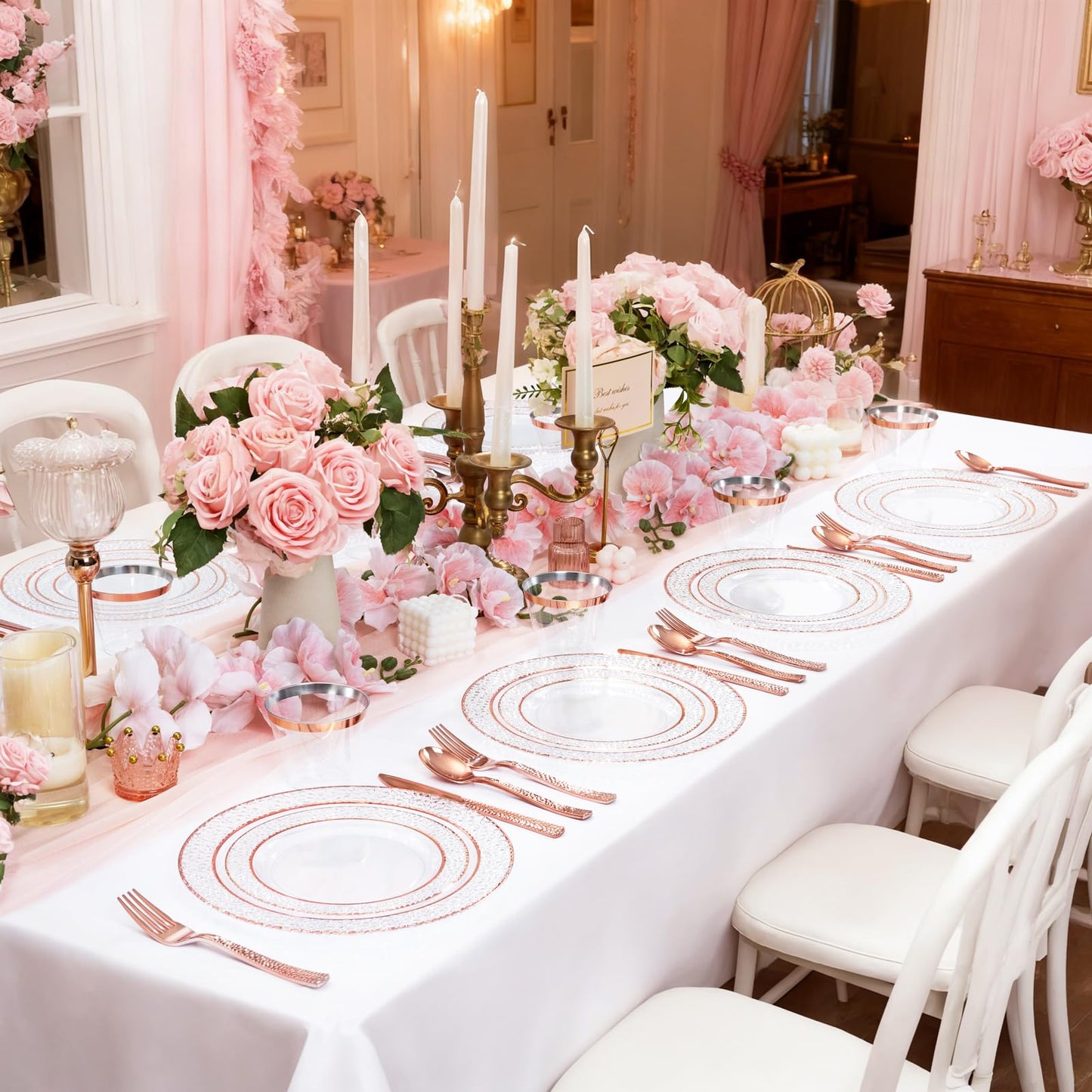 Ciaell 150PCS Rose Gold Plastic Plates – Disposable Plates with Rose Gold Plastic Silverware include 50Plates, 25Forks, 25Knives, 25Spoons, 25Cups for Wedding & Party