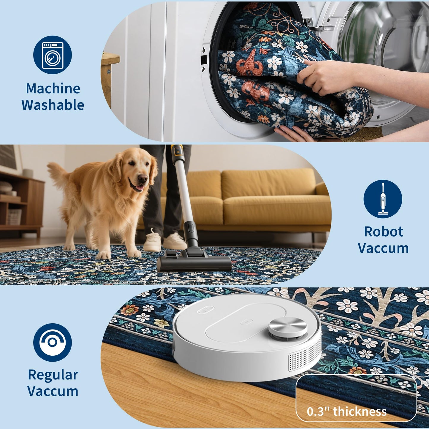 GarveeHome Floral Area Rugs 5x7, Dark Blue Washable Rug for Living Room, Bedroom, Low Pile Non Slip Stain Resistance Indoor Boho Carpet Mat for Farmhouse, Dining Room, Office
