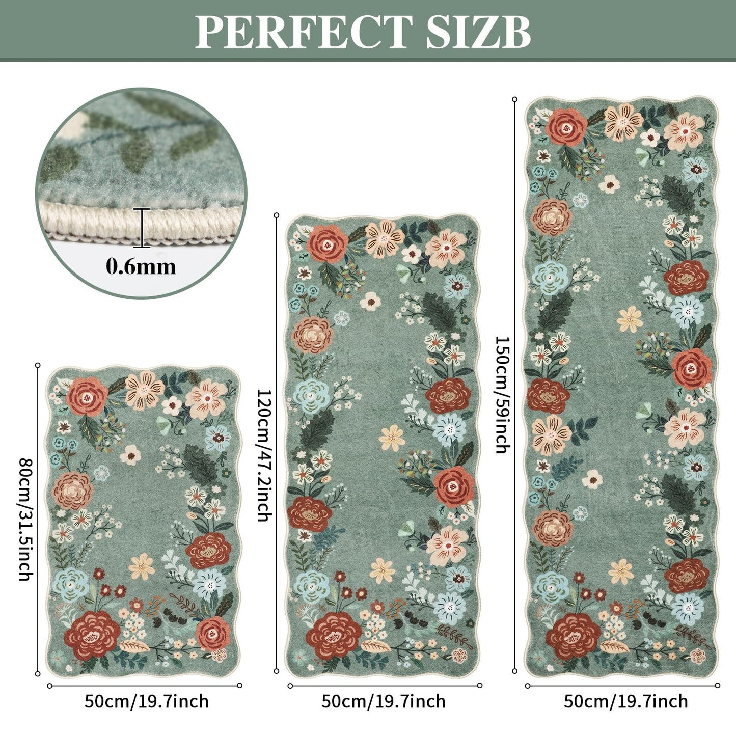 Homcomoda Floral Kitchen Rugs Mats for Floor 3PC, Farmhouse Non Slip Kitchen Rug Runner, Washable Non Skid Kitchen Rugs, Comfort Standing Mat for Laundry, Desk, Bar, Office