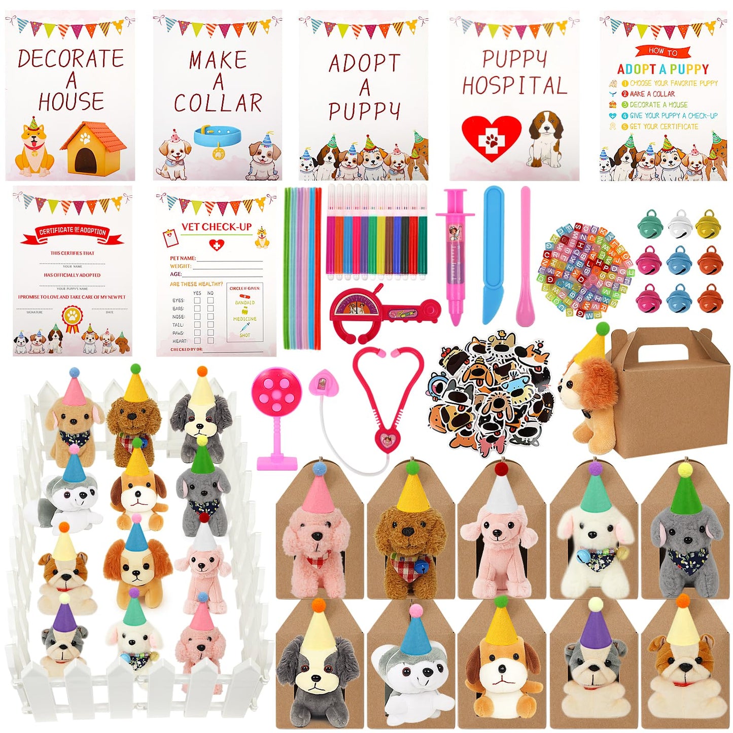 Adopt a Dog Party Favors Set - 12 PCS Plush Stuffed Puppies with Party hats include Paper House, fence, Adoption Cards, DIY Collars, House Decor and Check-up Accessories for Puppy Party Birthday