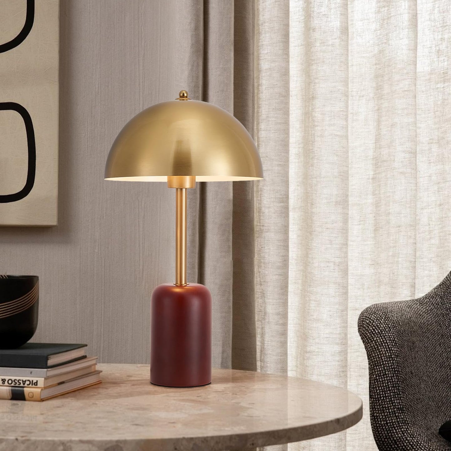 NUSRAN Bedside Table Lamp for Bedroom, Modern Plug in Brass Gold Shade & Cylindrical Wood Base Desk Lamp, Plug & Play Nightstand Lamp with Switch Power Cord for Living Room, Office 【Bulb Included】