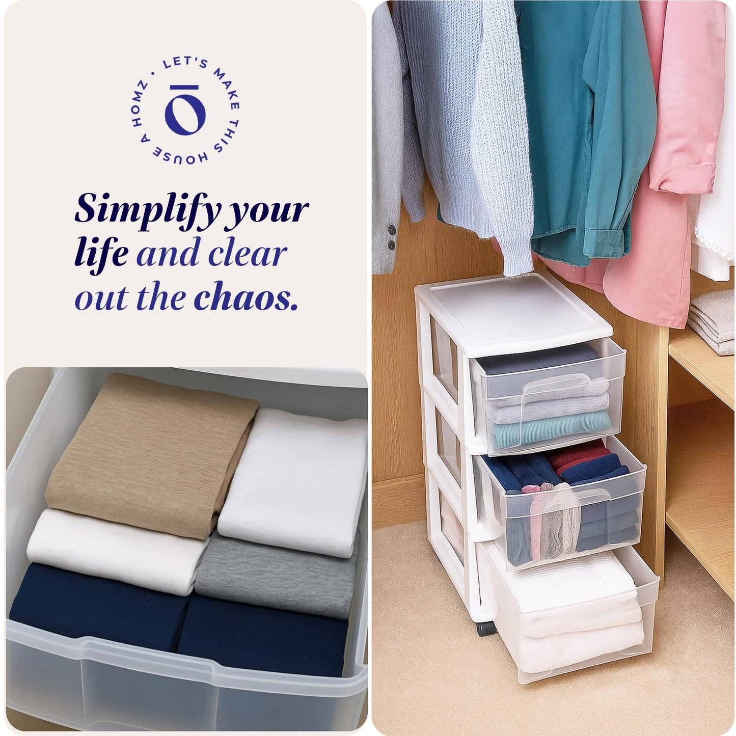 HOMZ Drawer Tower, 3-Tier Rolling Storage Cart with Removable Wheels, White Frame – Plastic Organizer with Clear Bin Drawers for Bedroom, Bathroom, Home Office, and Dorm Room