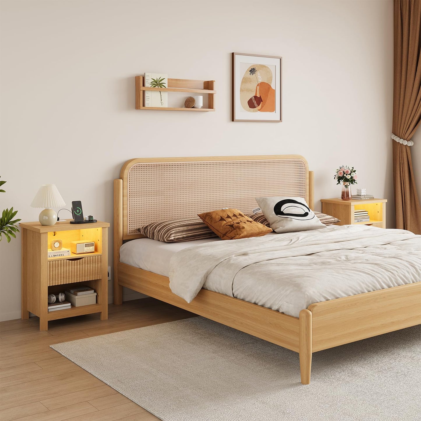 LAKEMID Fluted Nightstand with Charging Station,20 Inch Wide Bedside Tables with Led Lights,Modern Wood Night Stand with Drawers,Wooden Bed Side Table for Bedroom,Living Room,Natural Oak