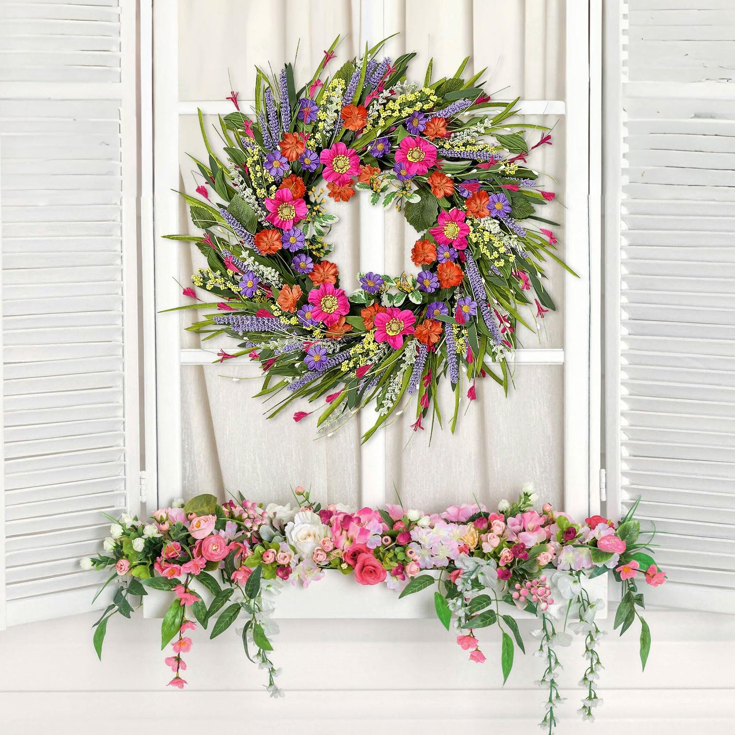 Spring Wreaths for Front Door 24 Inch with Vibrant Lavender and Daisy, Large Spring & Summer Wreath for Door Outside, Year Round Farmhouse Wedding Window Wall Decor, Housewarming Gift