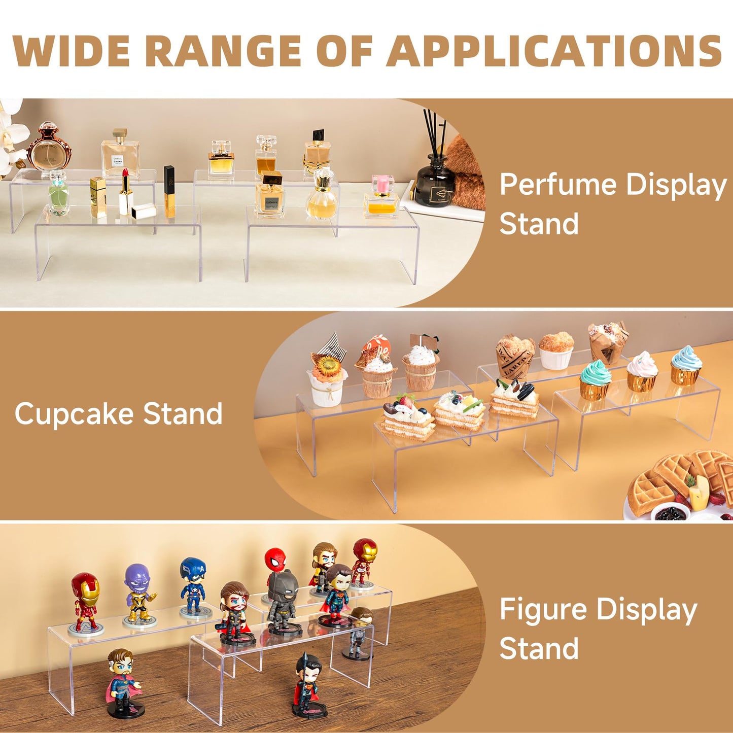 Aminigram 12 Pack Large Acrylic Risers Display Stands,Perfume Organizer Stand, Clear Acrylic Shelf for Show Decor Display, Toys, Cupcake and More(12.4 x 4 x 4.6 inches)