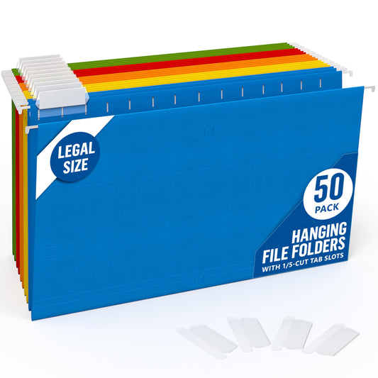 50 Pack Hanging File Folders Legal Size - Colored Hanging Folders for Filing Cabinet with 1/5-Cut Adjustable Tabs Files for Filing Cabinet Organizer File Hangers for Files Cabinets with Hooks