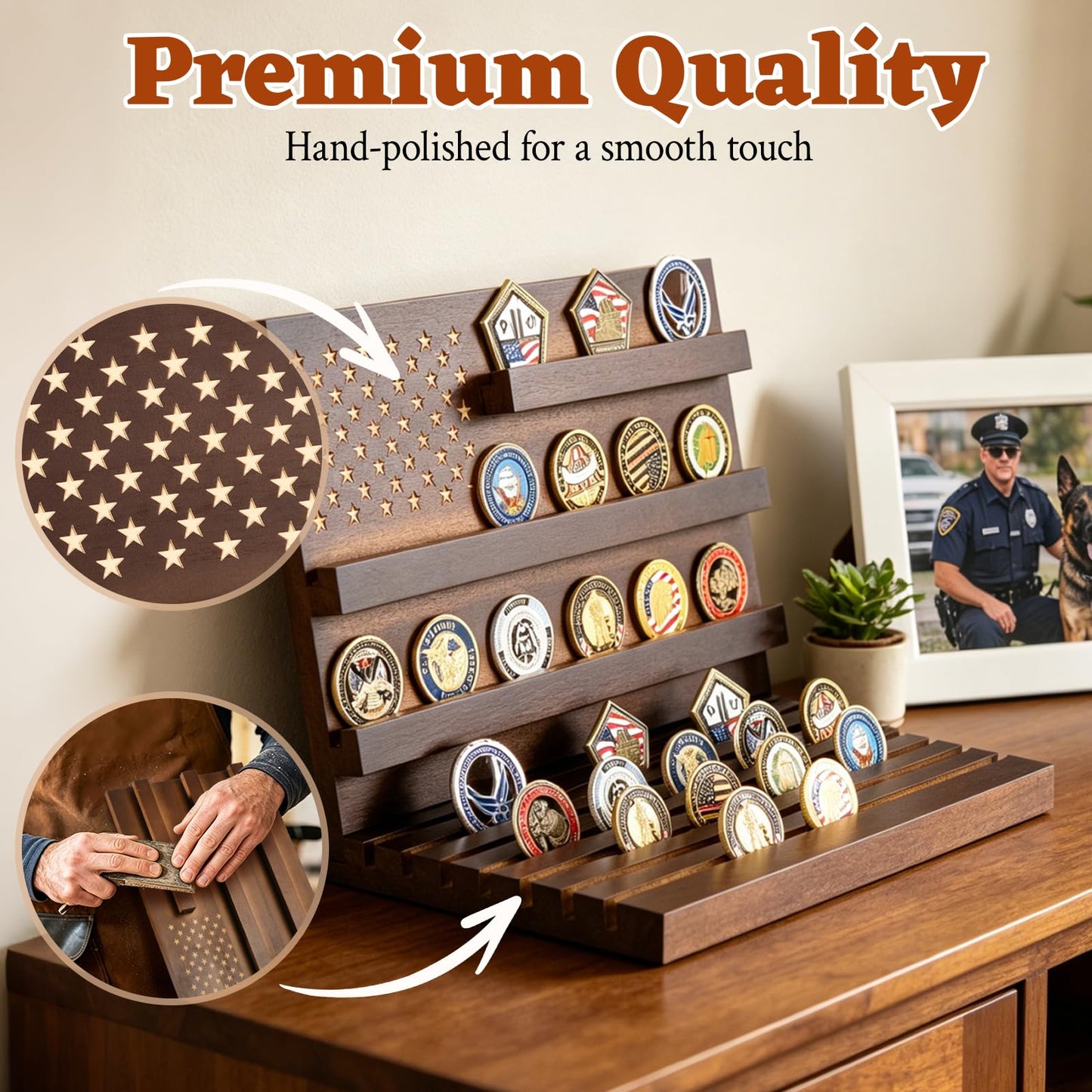 Challenge Coin Display, Slotted Stands Military Coin Holder Display Rack Solid Wood for Army Coin Collection Desk Tabletop Decorative Stands, Large Capacity of 80 Coins 8 Raw (Walnut)