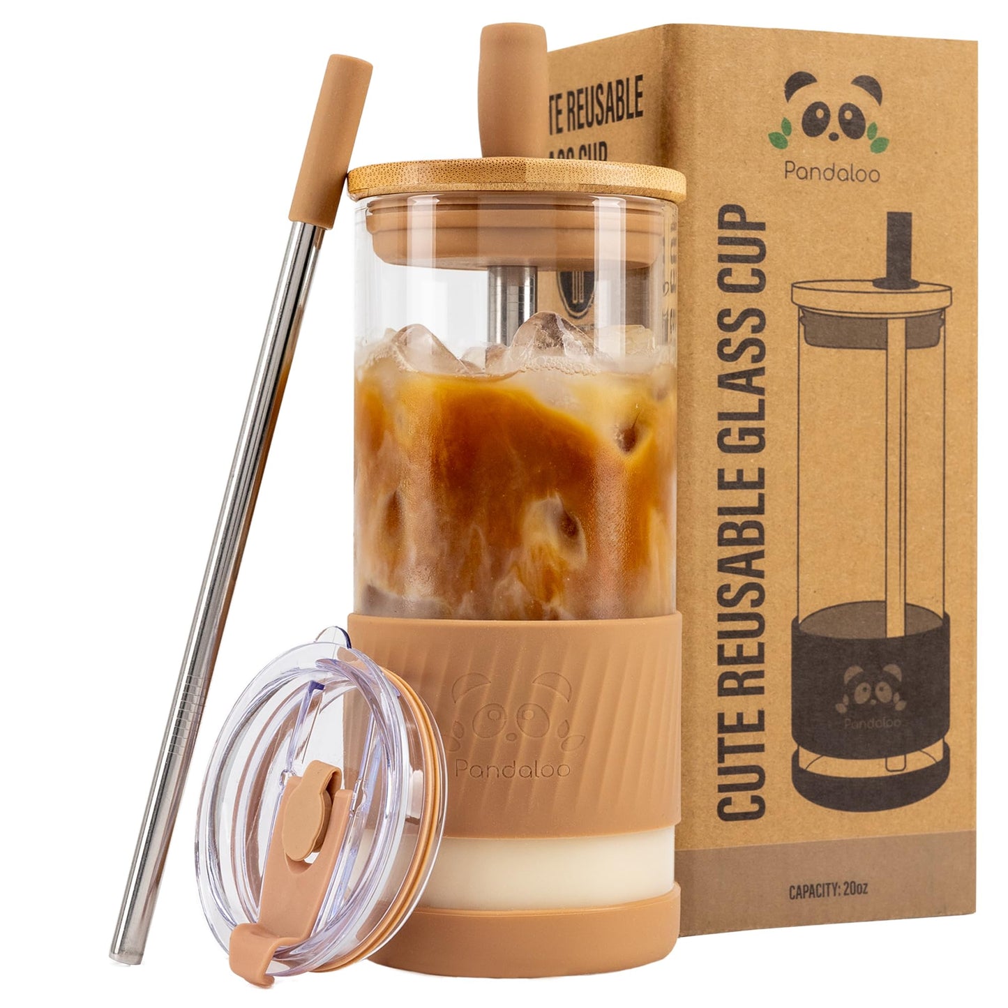 Pandaloo® Glass Cups With Lids and Straws -20 Fl Oz- Perfect Size Iced Coffee Cup - Smoothie Cup With Bamboo Lid and On the go Lid - Glass Tumbler (2 Count (Pack of 1), Lilac-Sage)