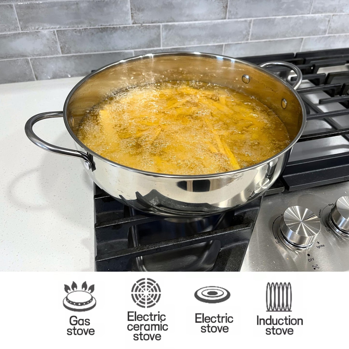 Saltlas 4.4Qt/4.2L Deep Fryer Pot with Basket and Strainer Spoon, 304 Stainless Steel Fish Frying Pot for Seafood, Chicken, French Fries, Japanese Tempura