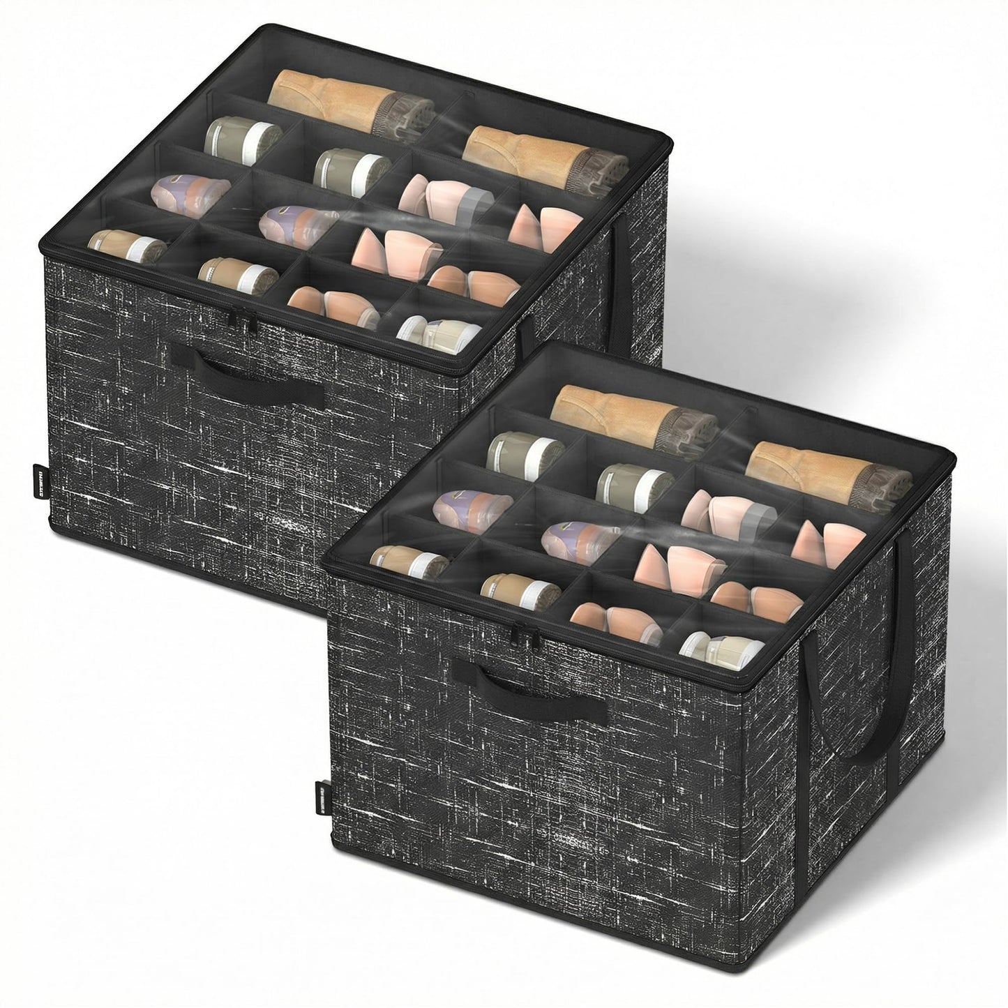 SONGMICS Shoe Organizer for Closet, Set of 2, Shoe Storage Box with Clear Lid, Foldable Fabric Bins, Holds 32 Pairs Total, Reinforced Handles, 16.5 x 16.5 x 12.5 Inches, Ink Black ULSP602B01