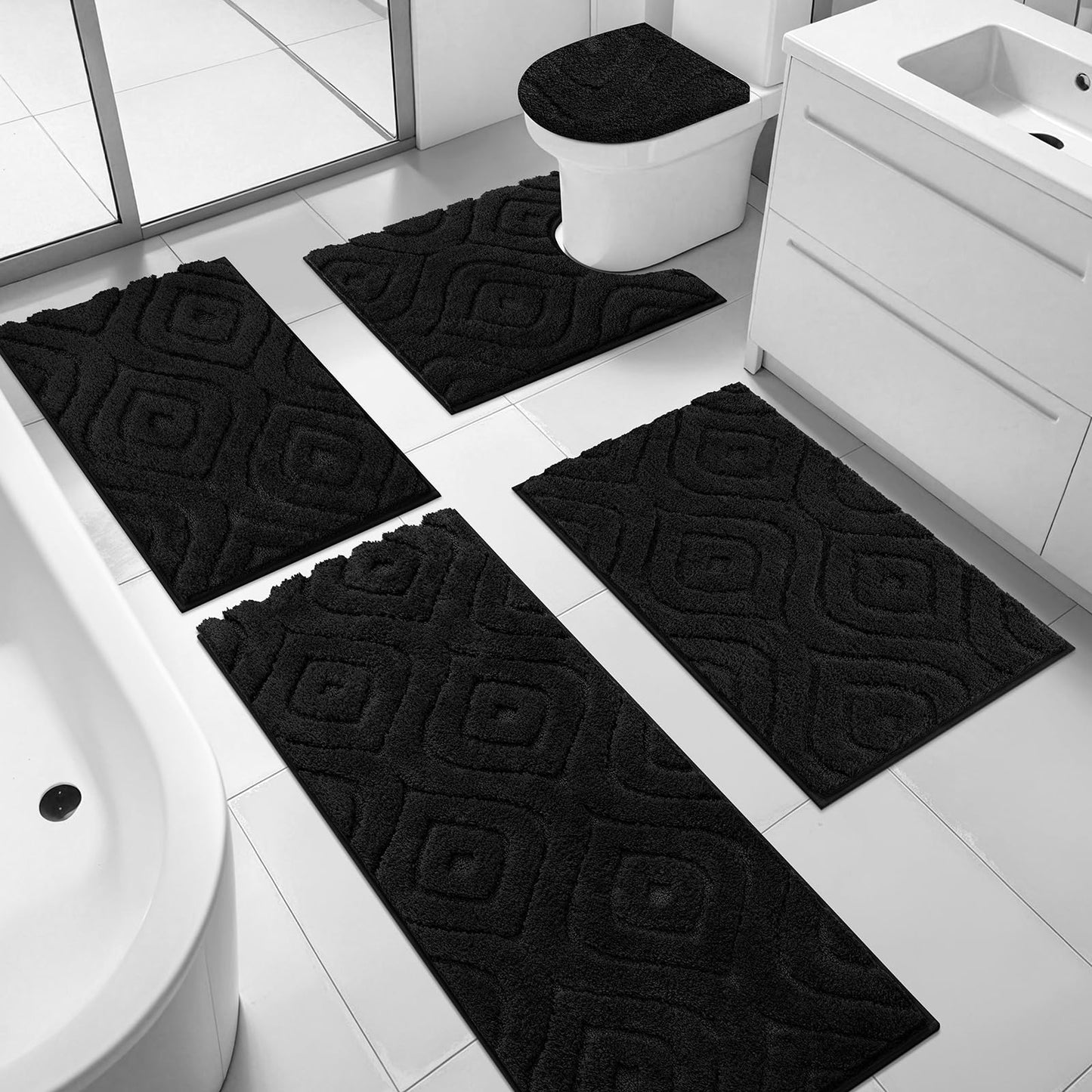 Ileading Bathroom Rugs Sets 5 Piece, Ultra Soft Absorbent Bath Mat for Bathroom, Non Slip Washable Bath Rug Set with Toilet Cover, Plush Bath Runner and U-Shaped Contour Toilet Rug, Black