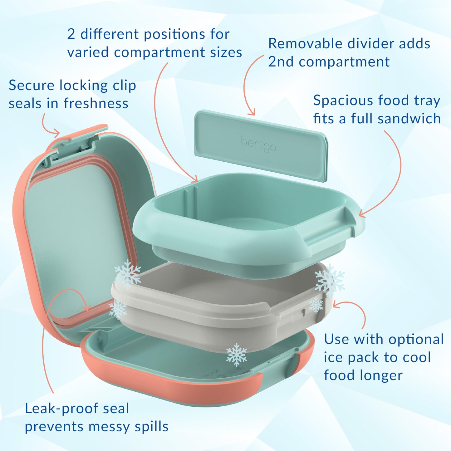 Bentgo Chill Mini Leak-Proof Lunch Box – Built-In Ice Pack Keeps Food Cold, 2.7-Cup Capacity for Snacks or Sandwich, 3 or 4 Compartments, PFAS & BPA-Free, Ideal for Adults & Kids 3+ (Seaside Papaya)