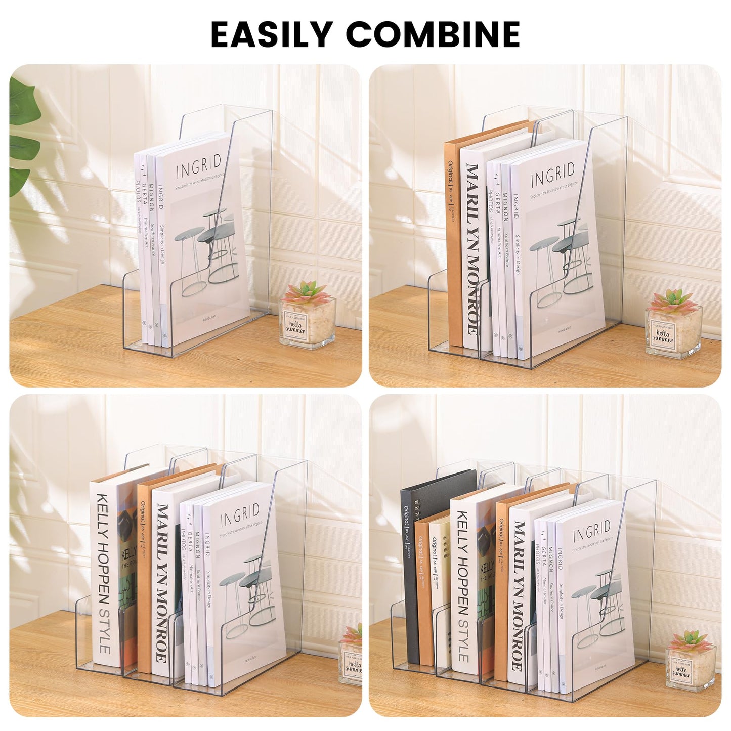 CiWiVOKi Vertical File Holder, Clear PET Desk Organizer and Storage Bins Holding for Magazines, Binders, Notebooks, Envelopes, Multi-purpose Plastic Document Organizer for Home Office, 4 pack