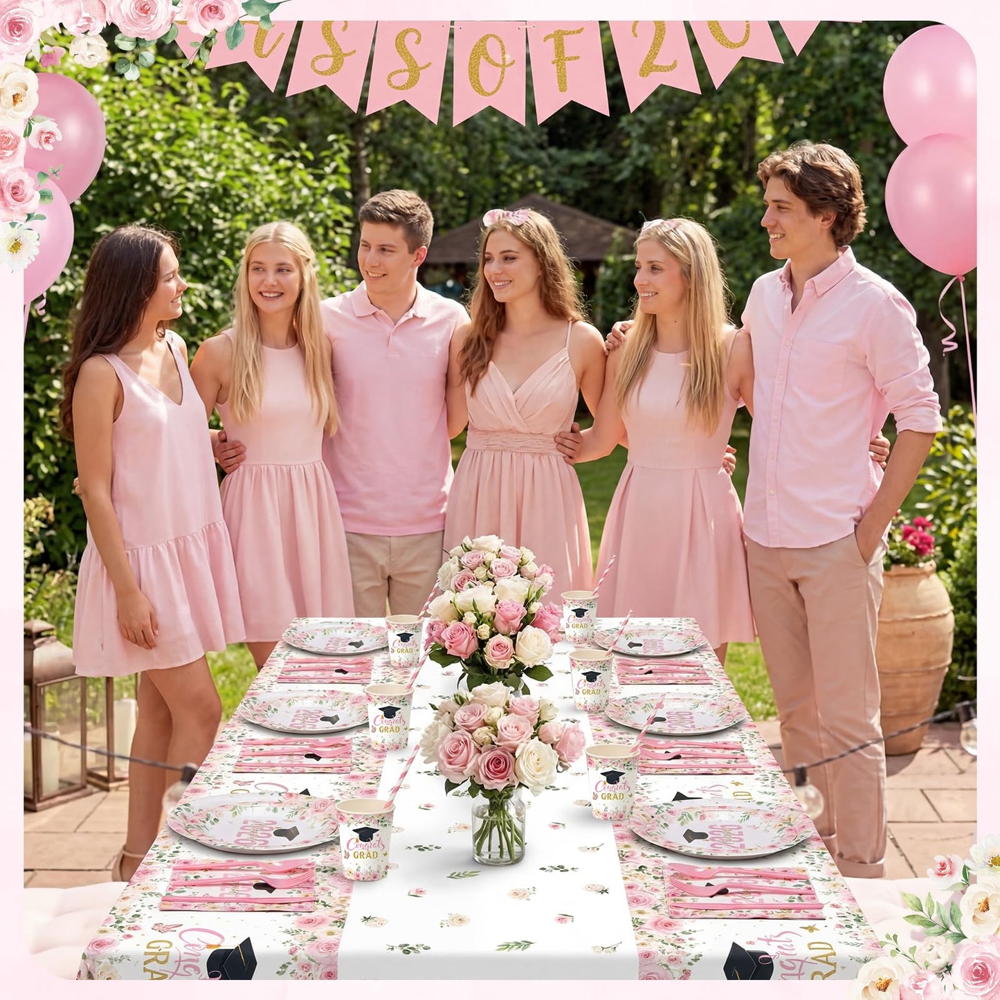 Funnymoom 452 Pcs Pink Floral Graduation Decoration Girl for 50 Guests, Class of 2026 Floral Graduation Paper Plates Napkins Cups Tablecloth Cutlery Straws for 2026 Congrats Grad Party Supplies