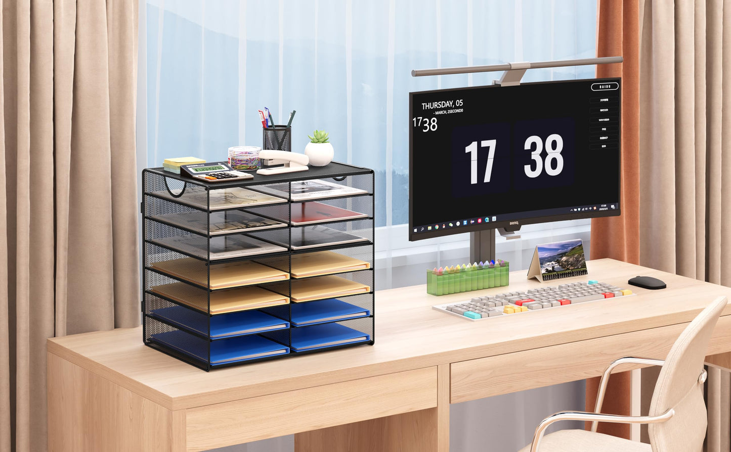 EasyPAG Paper Trays for Classroom 14 Tier Mesh Desk Organizer Shelves with Handle A4/Letter Size File Folder Organizer Shelf for Office, School, Home, Black