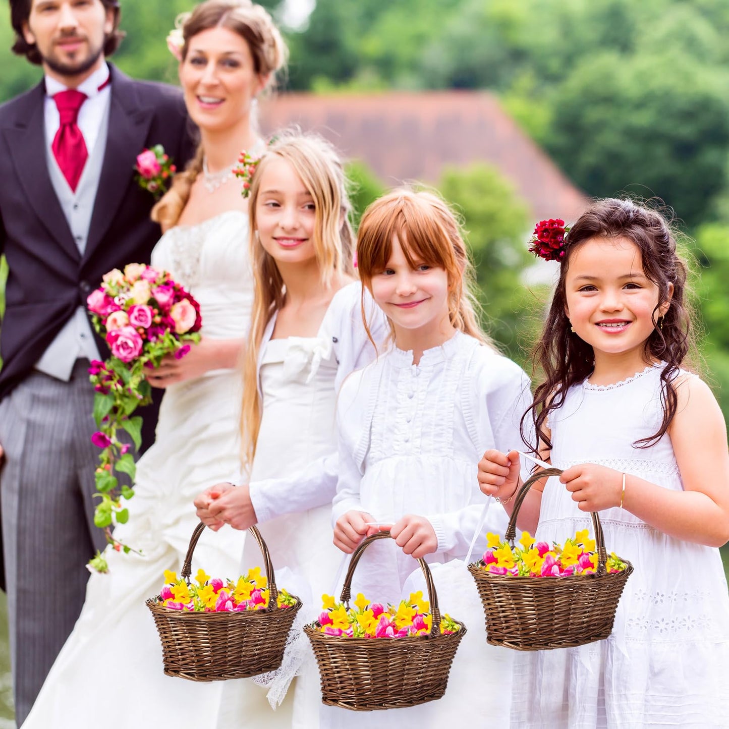 Barydat Small Wicker Basket with Handle Flower Girl Baskets Oval Willow Woven Braided Gift Basket for Weddings Picnic Baby Shower Home Garden Decor(6 Pcs,Brown,9" x 7" x 4")