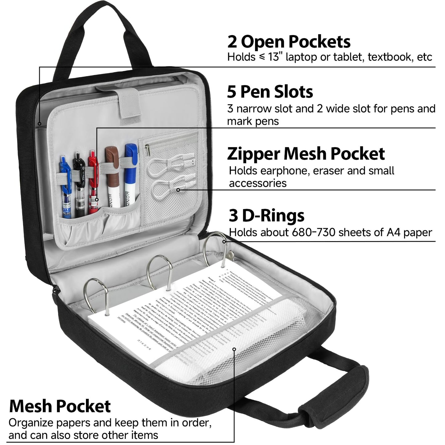3 Ring Zipper Binder Bag, 3 Inch D-Ring 700 Sheet Capacity, Portable File Organizer with Removable Shoulder Strap & Multiple Pockets for School Office Travel Summer Study Back to School,Black