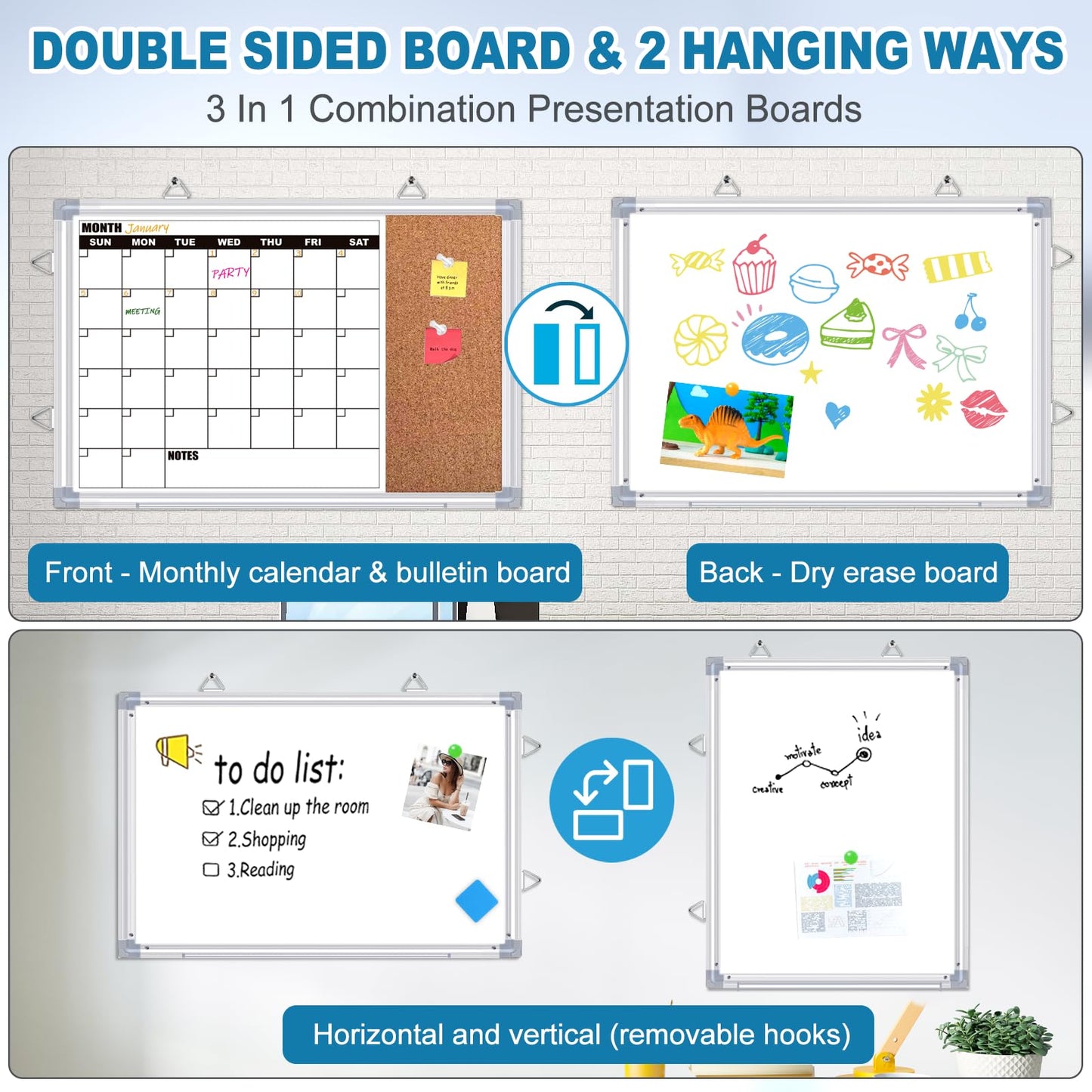 YUYIUS Calendar Whiteboard for Wall, 24" x 18" Double Sided Monthly Dry Erase Board Calendar for Office, Home, School, Hanging Cork Board White Board Combo, Portable Magnetic Dry Erase Planner Board