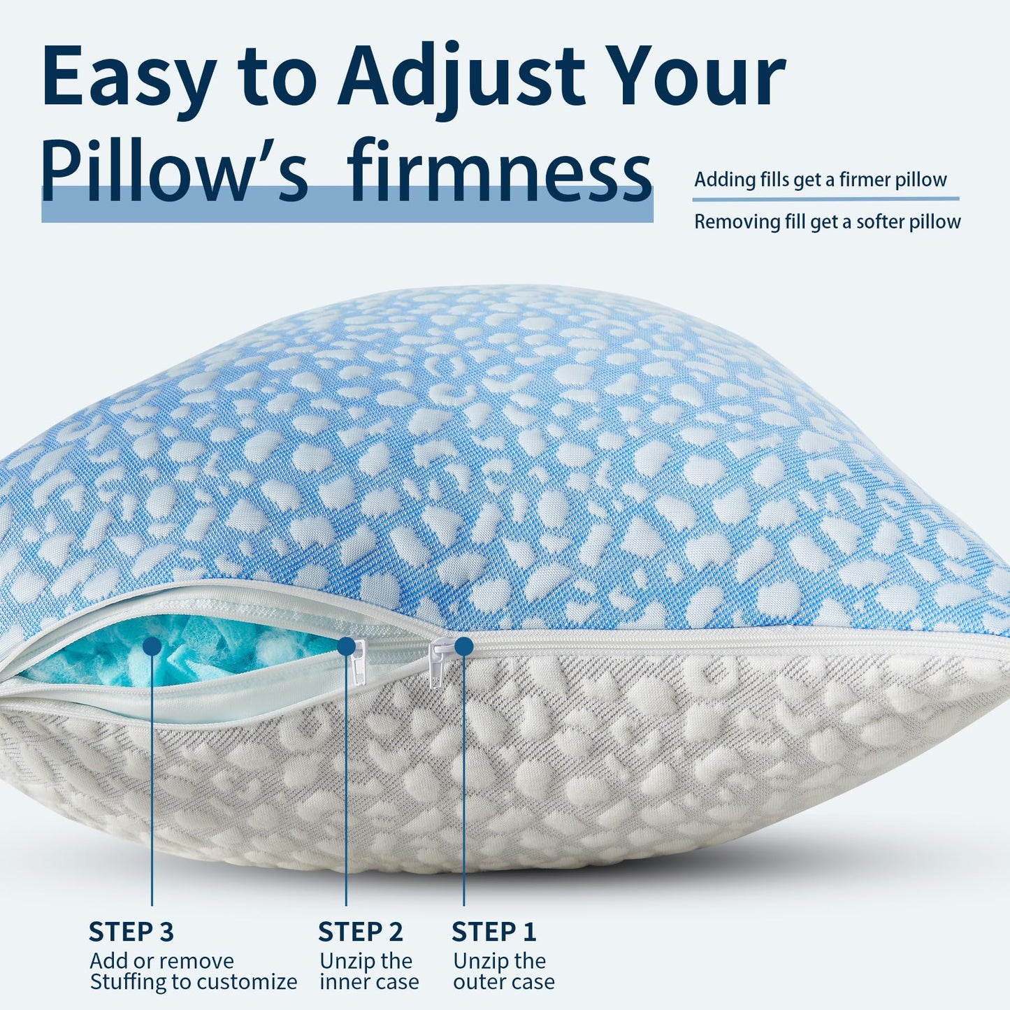 HKYLRAN Firm Memory Foam Bed Pillows King Size Set of 2,Adjustable Cooling Side Sleeper Pillow,Hotel Collection Breathable Support, Washable Cover with Zipper,Home Gifts