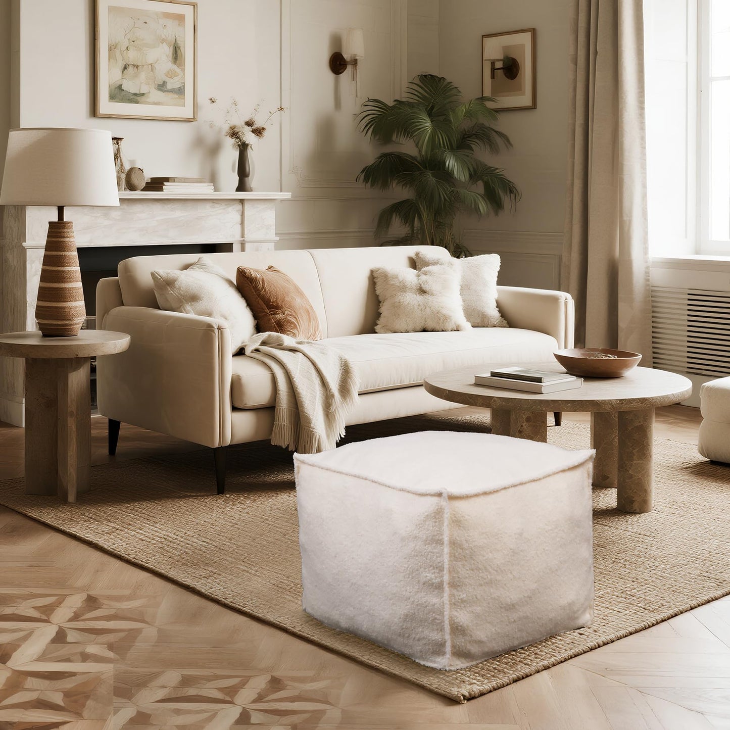 Kinevoli Square Boucle Pouf Ottoman Footrest, Soft & Lightweight Footstool with Foam Filling for Living Room & Bedroom, Laid-Back Lounge Style