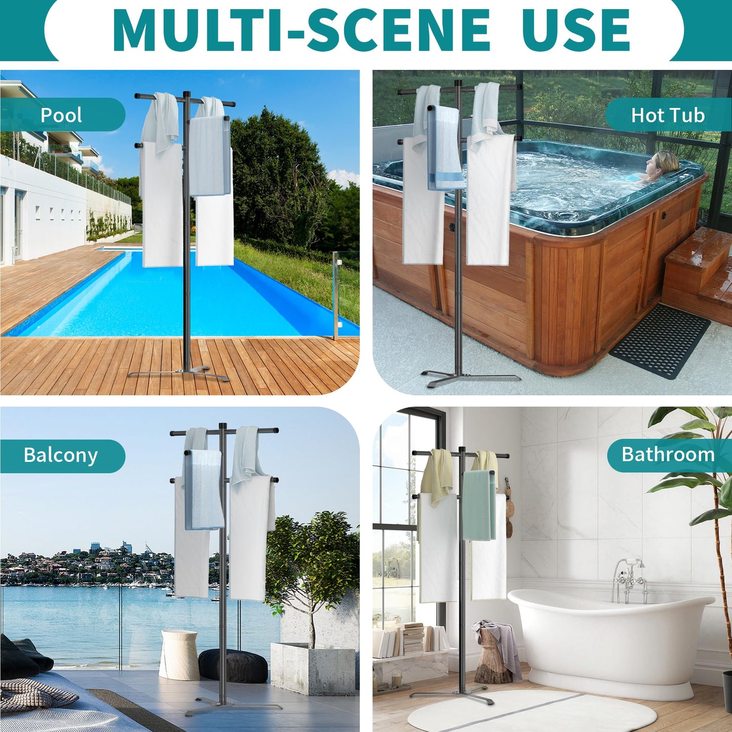 Qufiona Pool Towel Rack Outdoor, Heavy Duty Outdoor Towel Rack, 61 Inch Free Standing Rack for Pool & Hot Tub, Drying Towels, Swimsuits, Life Jackets and Goggles, Ideal Pool Accessories