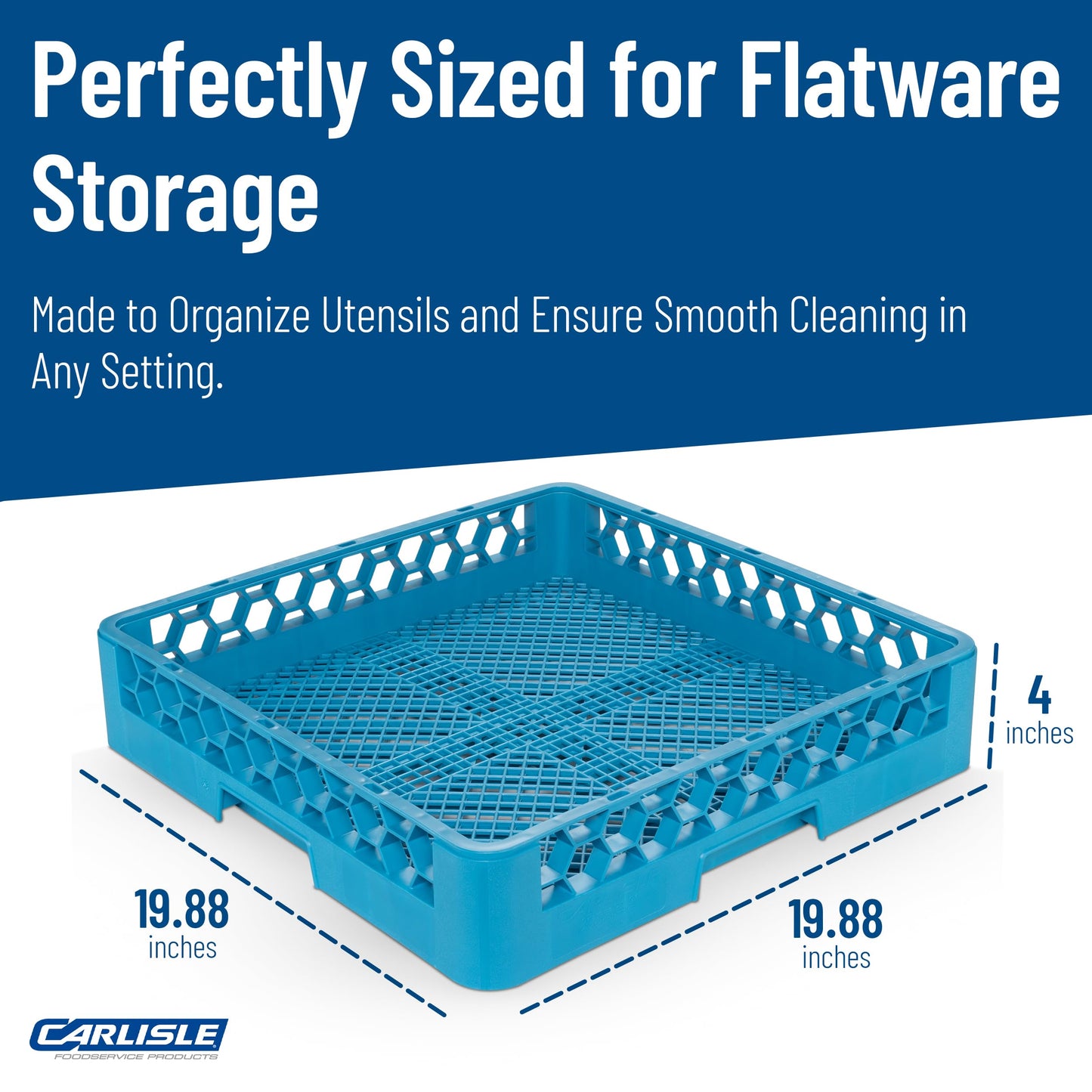 Carlisle FoodService Products OptiClean Combination Flatware Rack for Commercial Dishwashers – Open Bottom Grid Design, Holds Flatware, Ramekins, and Smallwares, 19.75" x 19.75", Blue