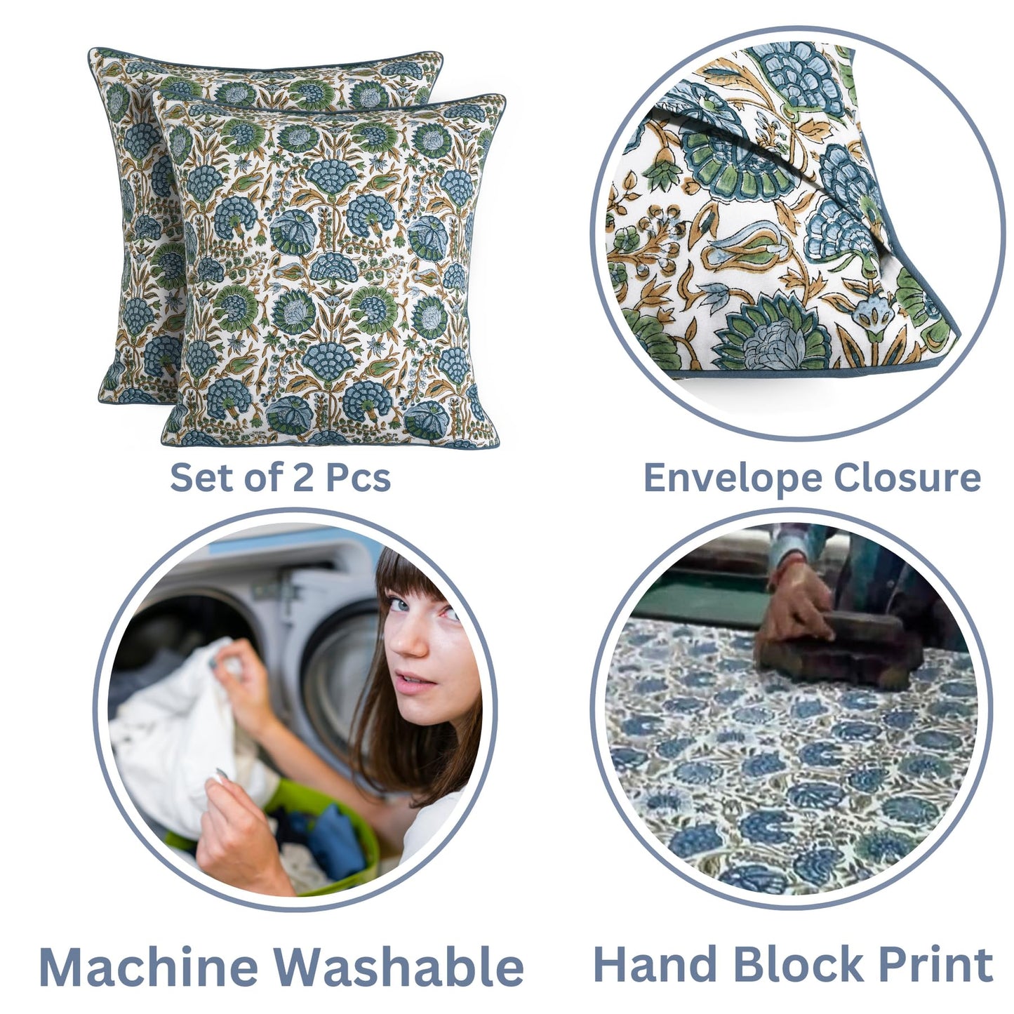 Ridhi Block Print Asparagus Green Pillow Cover 24" x 24" (Pack of 2) Decorative Couch Pillows for Living Room, Farmhouse Chic Boho Cute Outdoor Pillows Covers Gifts for Spring, Mother's Day
