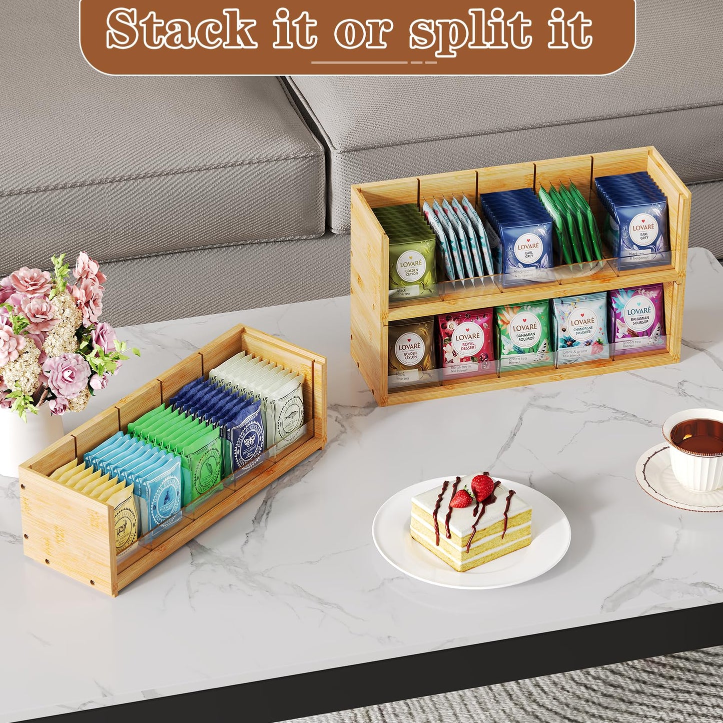 X-cosrack Bamboo Tea Bag Organizer Storage Box, 3 Tier Stackable Tea Bag Box Natural Wood, Wall Mount Tea Chests with Acrylic for tea bags Office Kitchen Cabinet Pantry