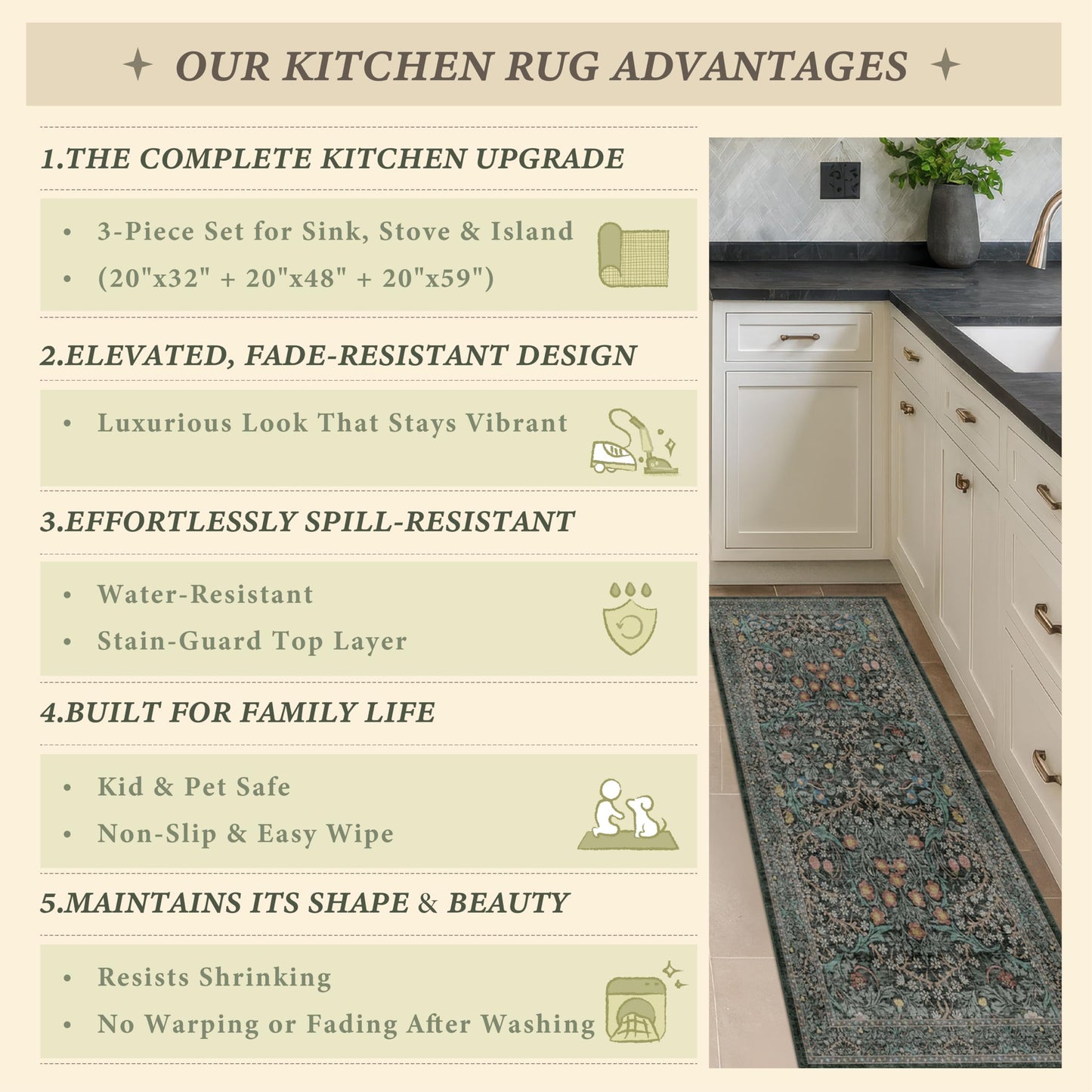 Black Green Kitchen Rug Set of 3, Washable Non-Slip Mats with Runner, Low Pile Vintage Botanical Floor Covering for Entryway, Bathroom, Hallway, Laundry Room