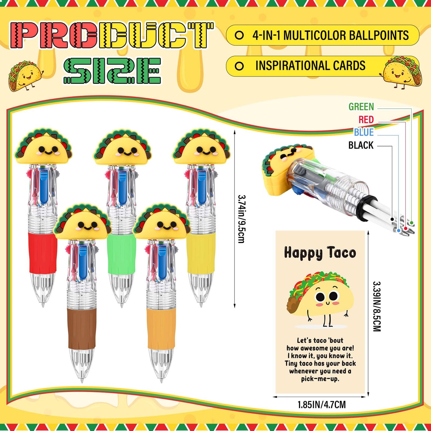 TaoBary 36 Sets End of Year Gifts for Student Mexican Taco Party Favor Motivational Gift Bulk with 4-in-1 Multicolor Pen Taco Mini Stress Balls Inspirational Card OPP Bag for Fiesta Office Desk Supply