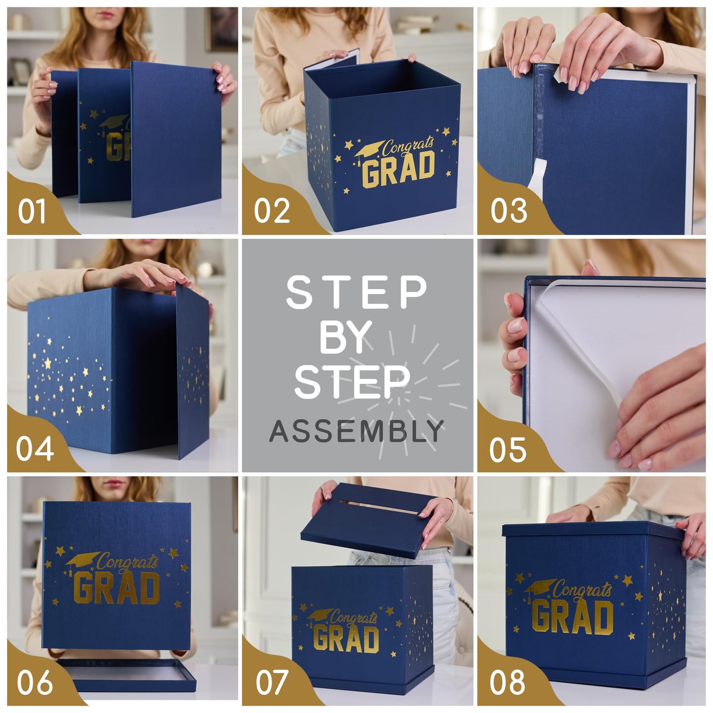 Blue & Gold Graduation Card Box, Large 10x10 Navy Blue Congrats Grad Gift Card Box Holder, Grad Party Favors, Envelope Money Basket, College Graduation Decorations 2026, Party Decor, Table Centerpiece