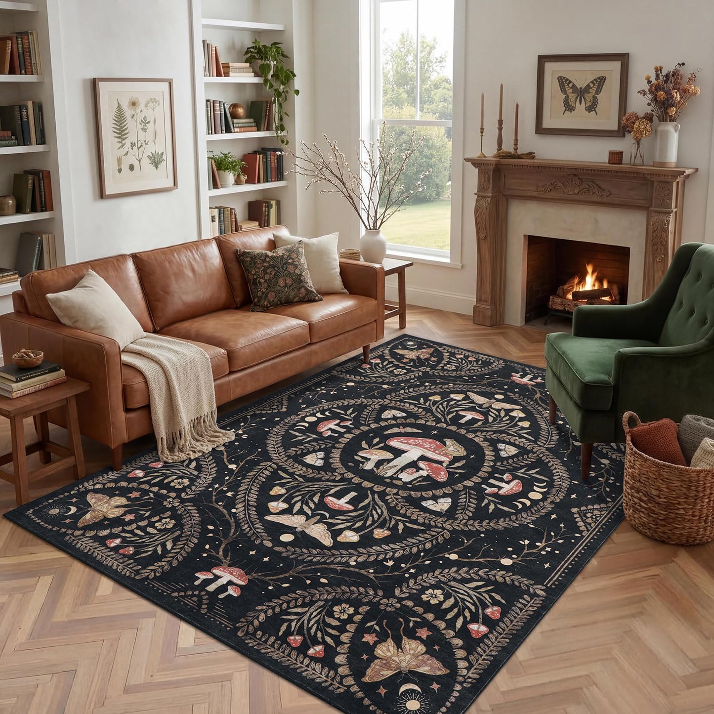 Garvee Mushroom 5x7 Area Rugs for Living Room, Dark Academia Gothic Rug, Non Slip Animal Print Washable Rugs 5x7 Low Pile Bedroom Decor Bug Carpet with Rubber for Playroom Dining Room Office, Black